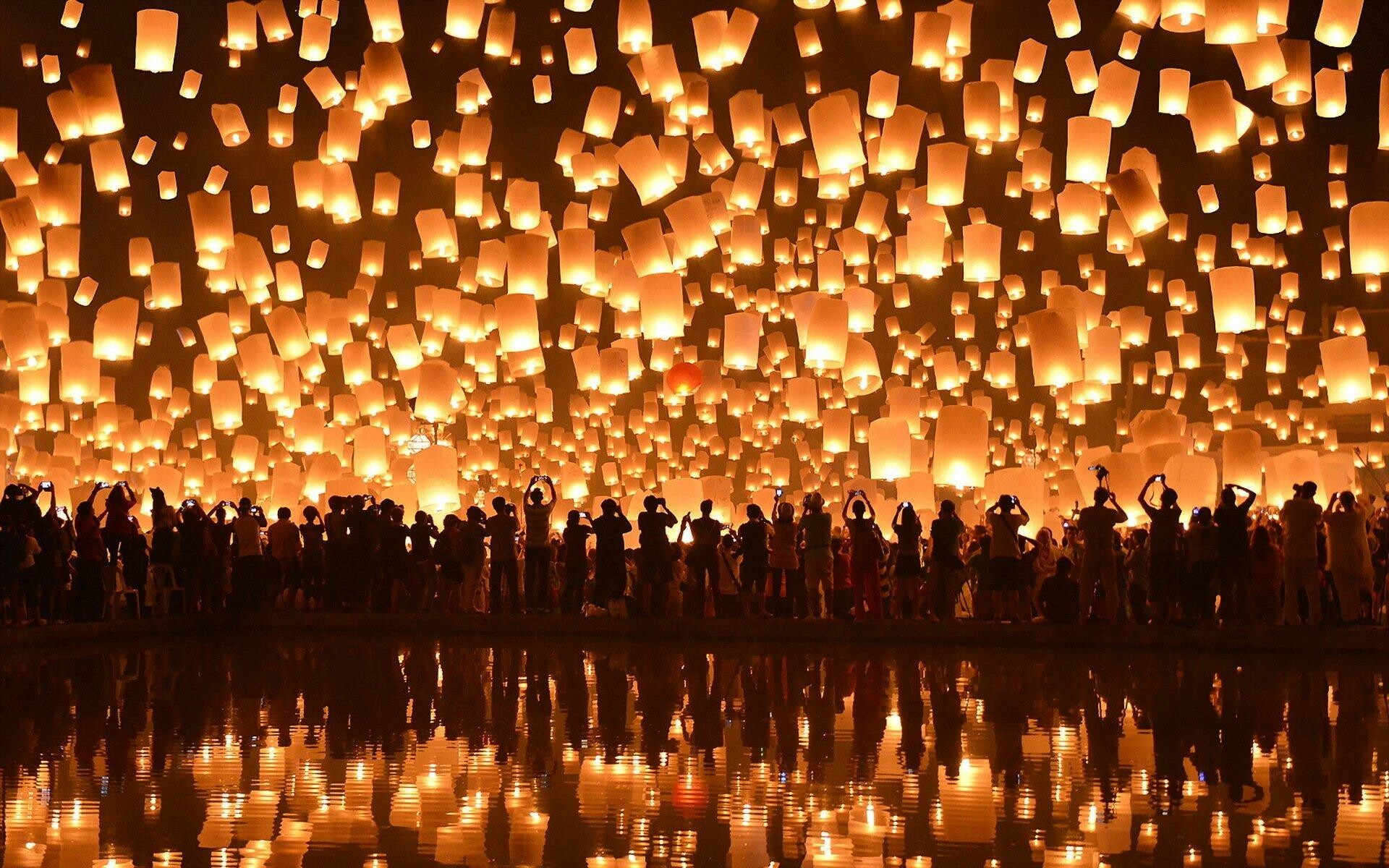 Loy Krathong, Floating lotus lanterns, Reflections on water, Nighttime celebration, 1920x1200 HD Desktop