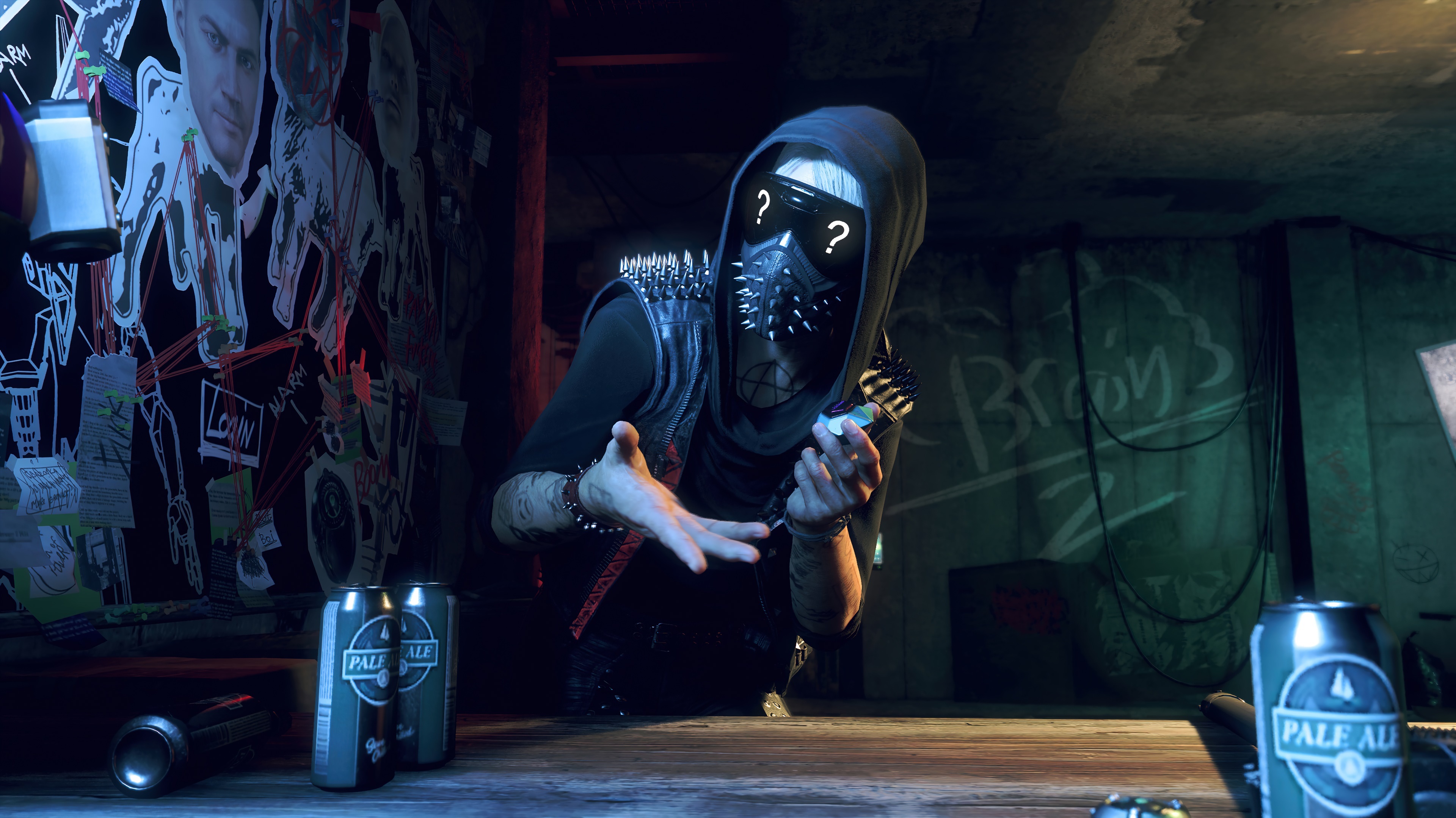 Wrench (Watch Dogs 2), Wrench's LED spiked mask, Pale Ale beer cans, 4K Desktop wallpaper