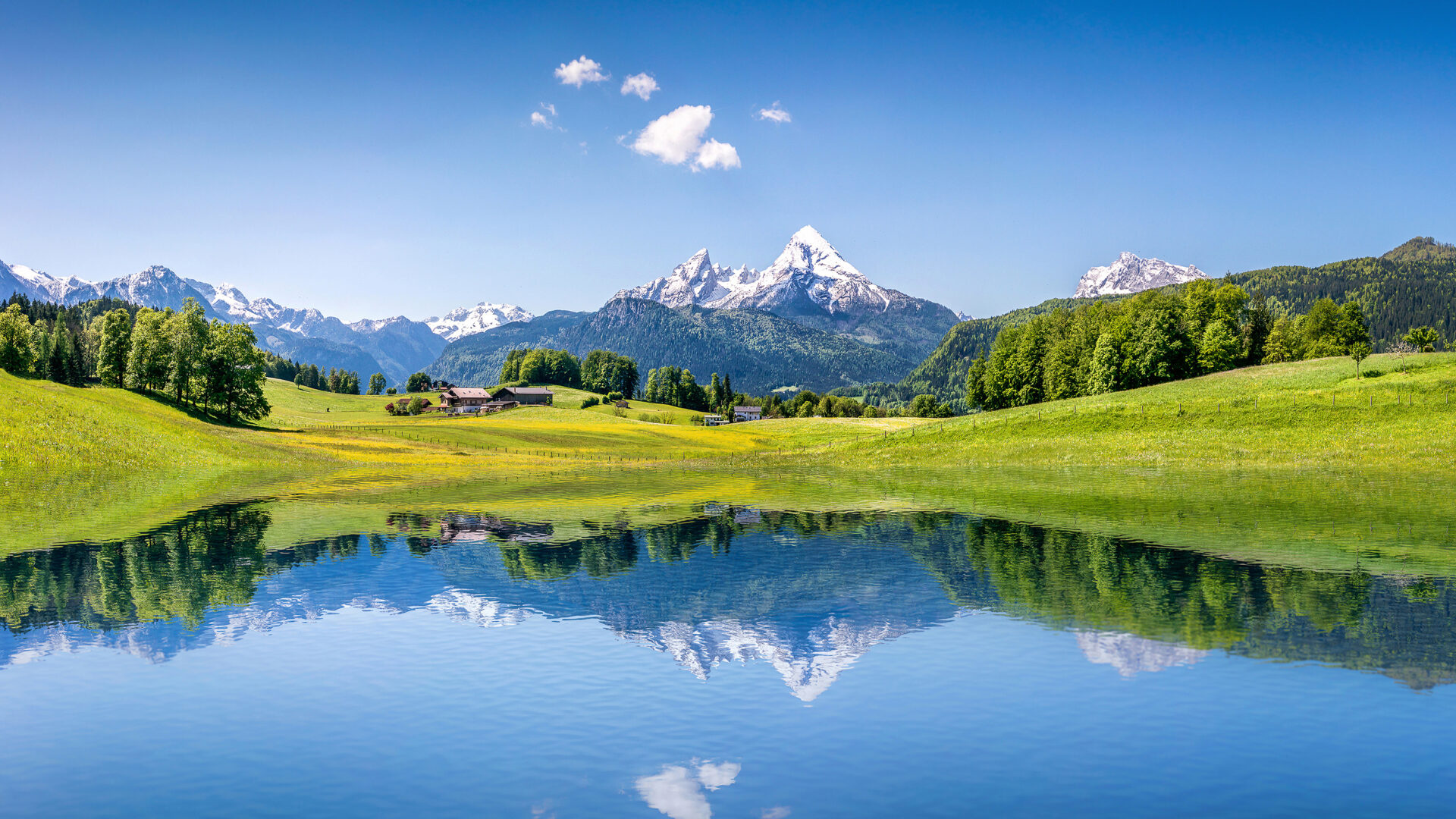 Mount Watzmann reflection, Berchtesgaden Alps landscape, Alpine meadow chalet, Full HD Desktop wallpaper
