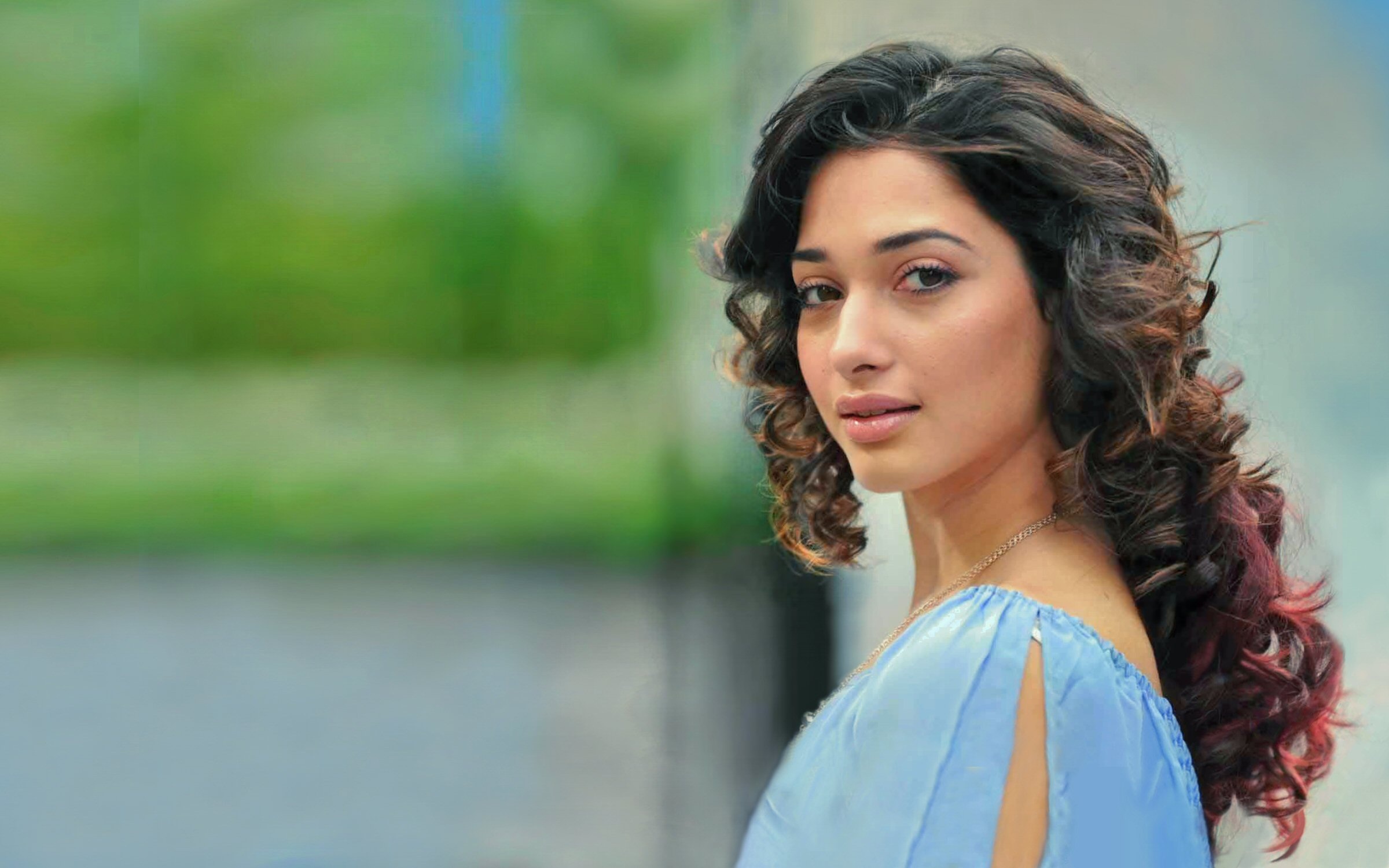 Tamannaah Bhatia, Red highlighted curly hair, Light blue cold-shoulder dress, HD Desktop wallpaper