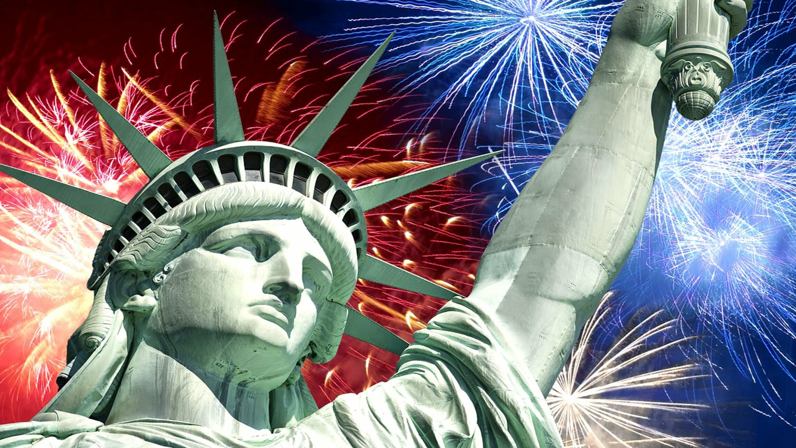 Statue of Liberty, Fireworks, Independence day of America, HD wallpaper, 2560x1440 HD Desktop