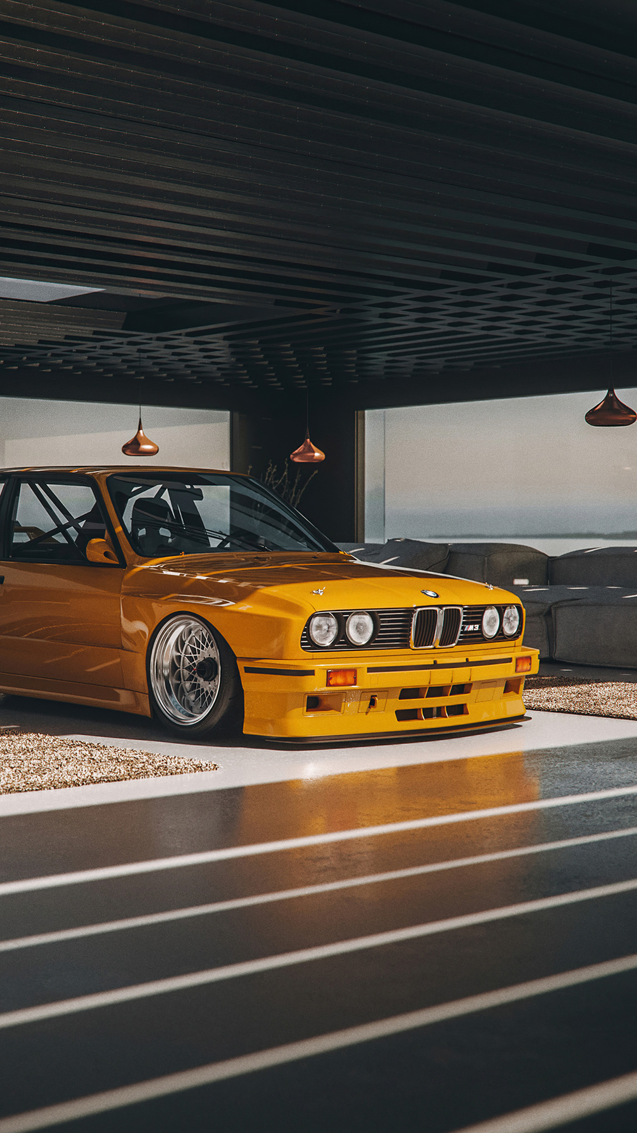 yellow BMW E30 M3, deep dish mesh wheels, modern luxury garage, 4K Phone wallpaper