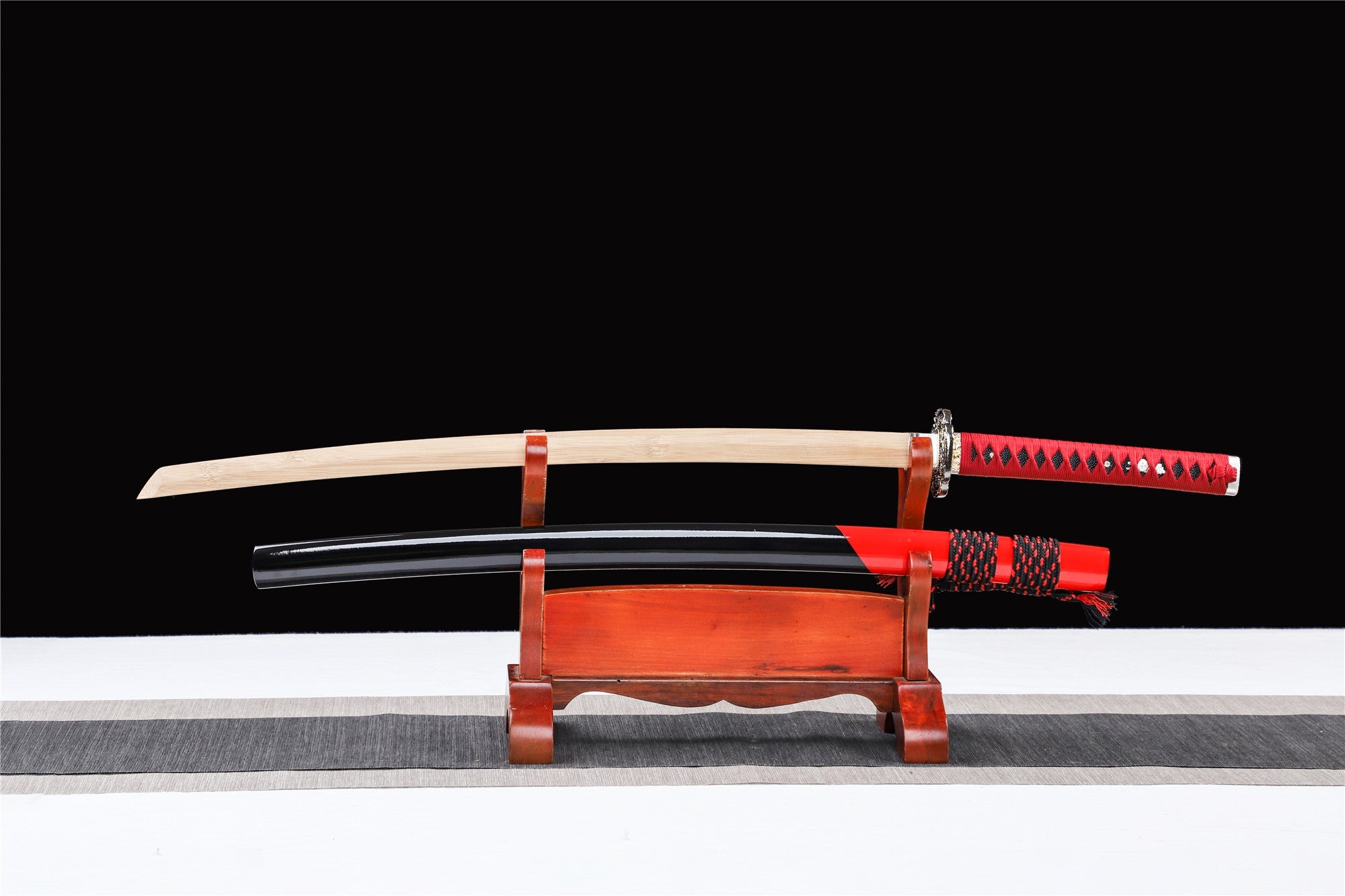 Bamboo blade katana, Red and black saya, Wooden katana display stand, HD Desktop wallpaper