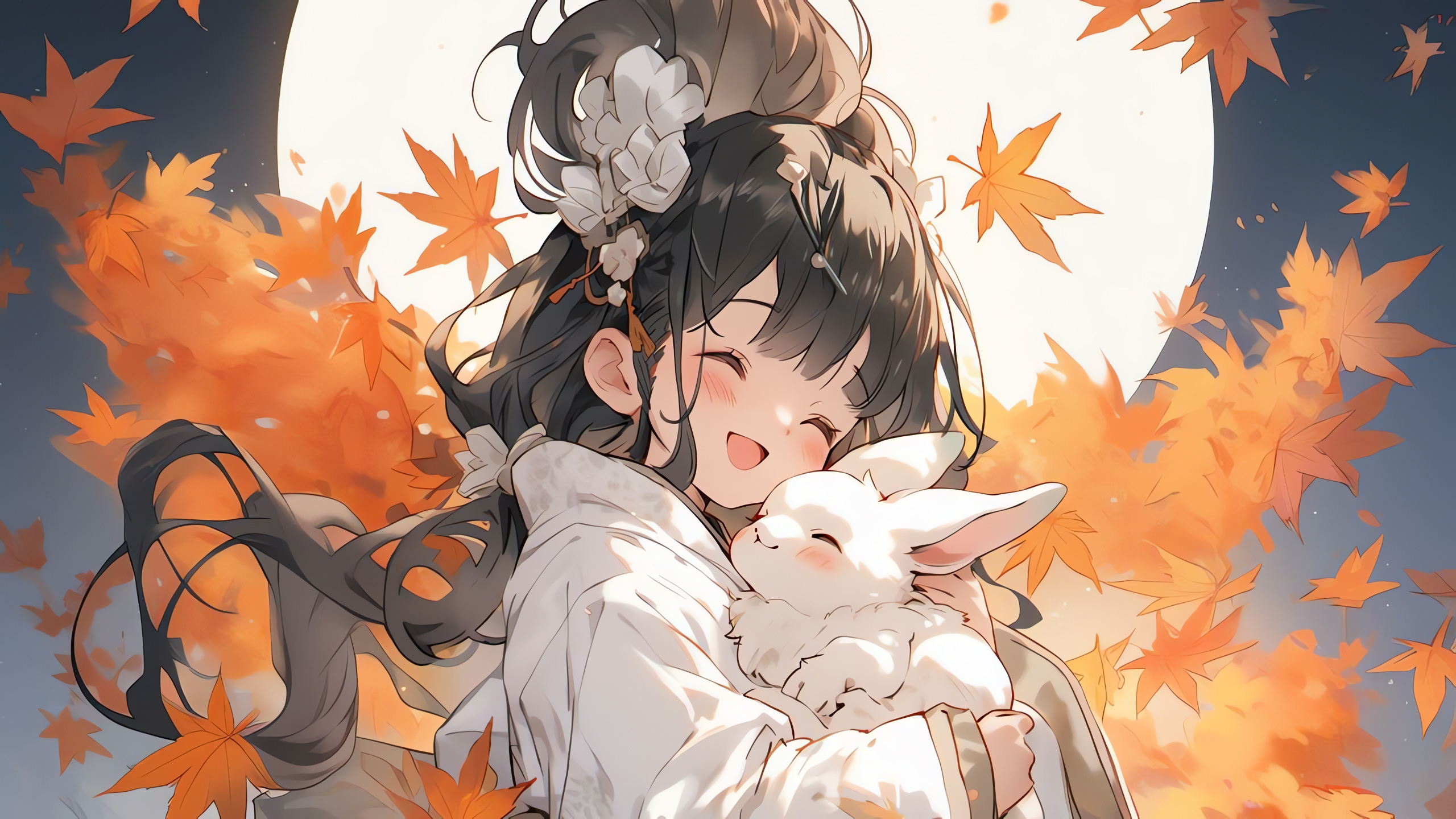 Anime Girl, White Rabbit, Full Moon, HD Desktop Wallpaper, 2560x1440