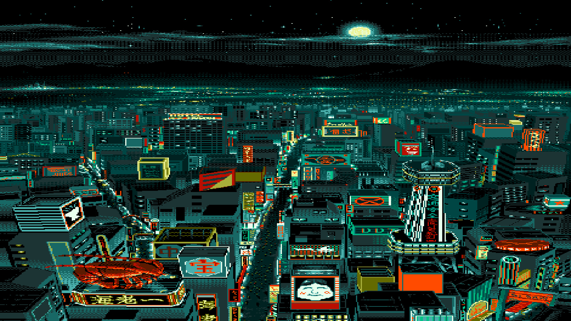 Tsutenkaku Tower, giant red crab sign, PC-98 cyberpunk cityscape, Full HD Desktop wallpaper