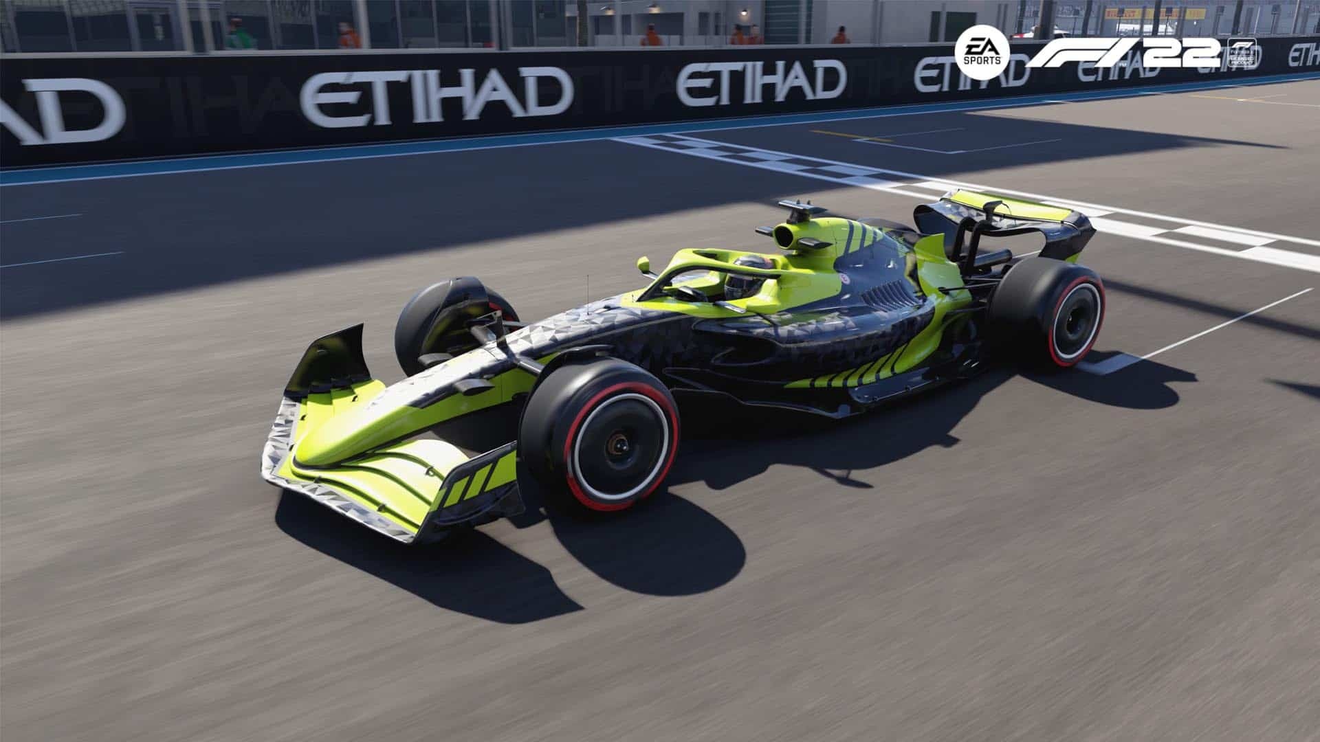 EA Sports F1 22, Neon yellow Formula 1 car, Yas Marina Circuit track, Full HD Desktop wallpaper
