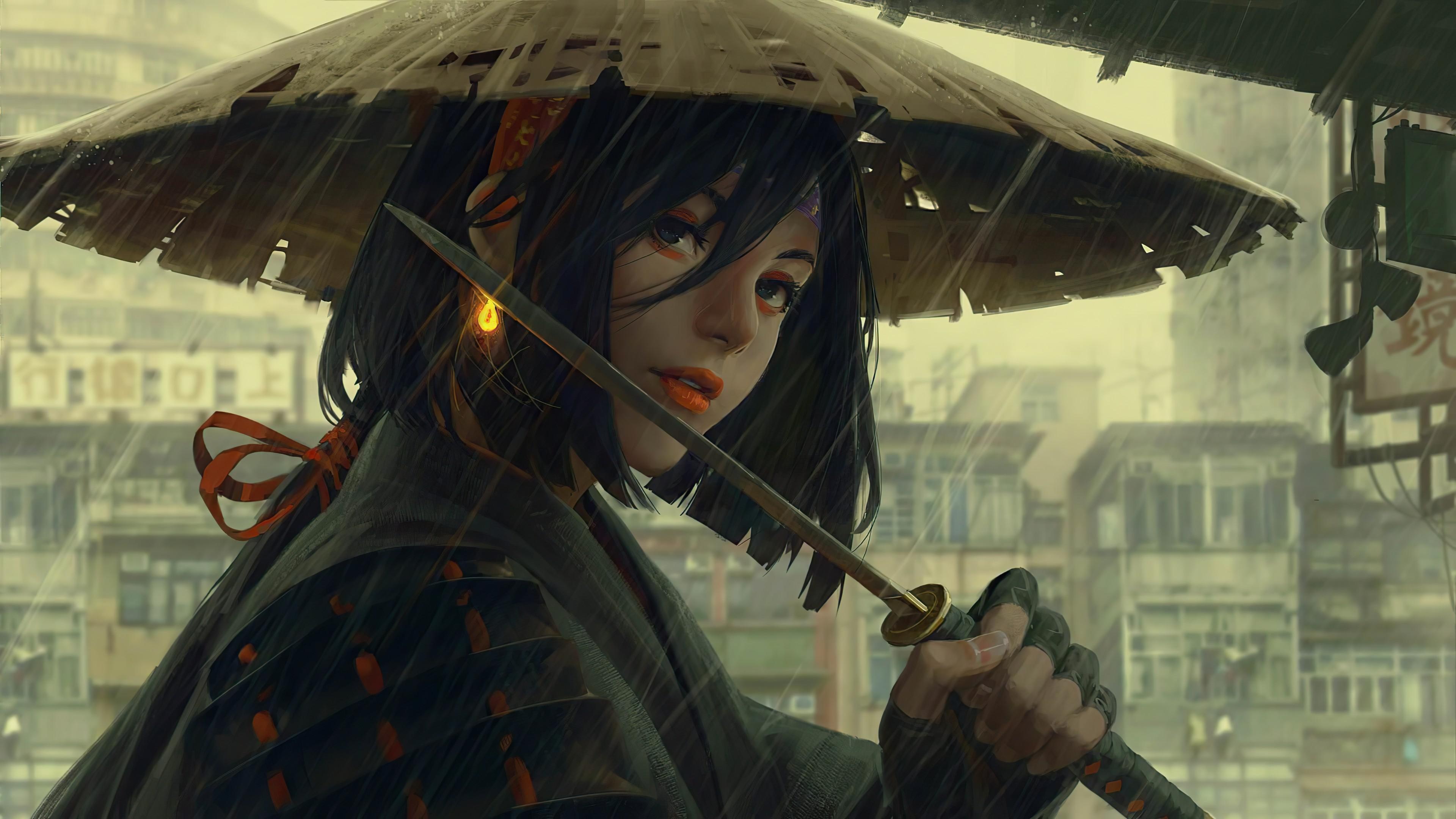 Female samurai warrior, Bamboo conical hat, Katana sword blade, 4K Desktop wallpaper