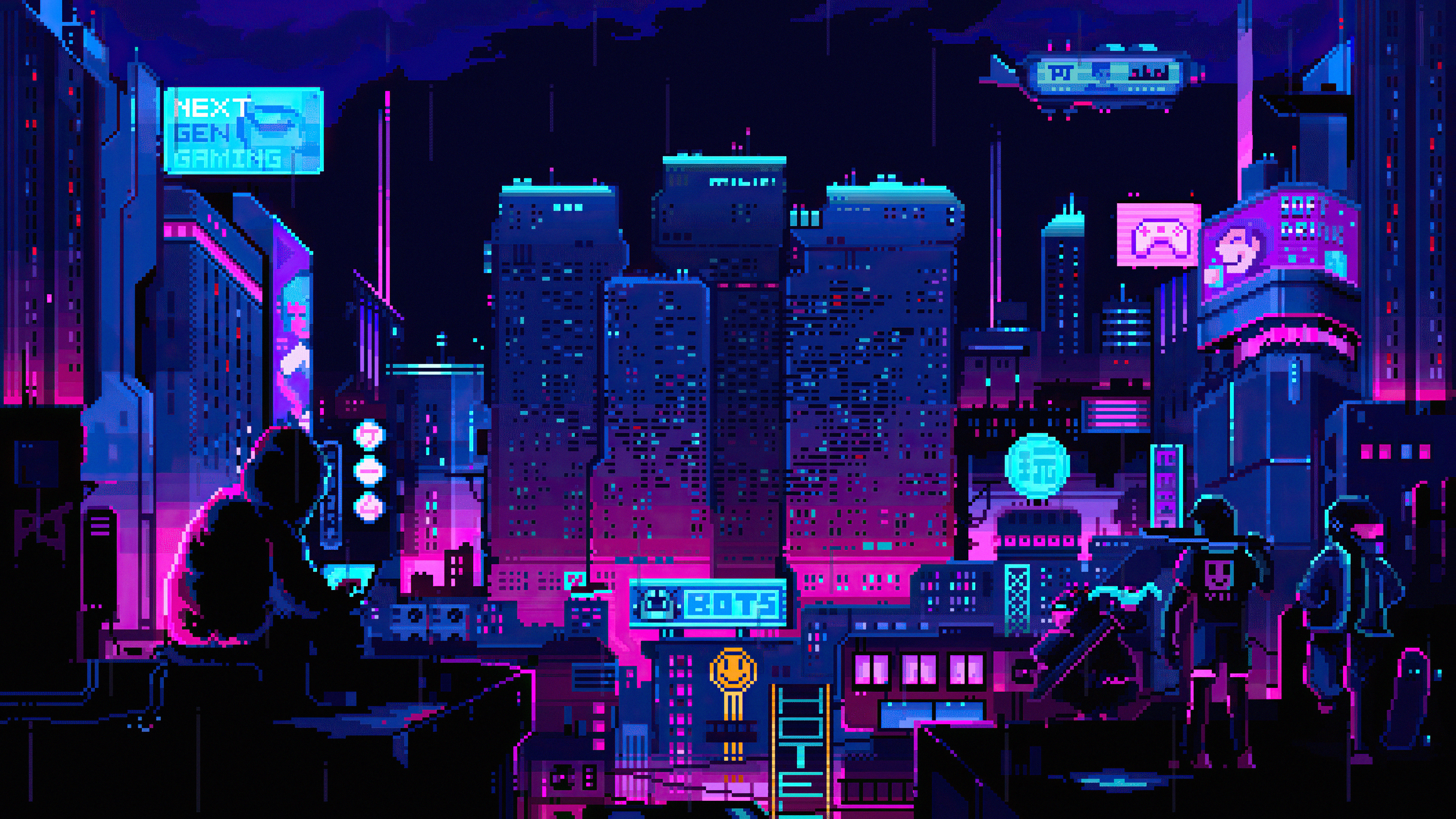NEXT GEN GAMING billboard, hooded figure on rooftop, neon cyberpunk pixel skyline, 4K Desktop wallpaper