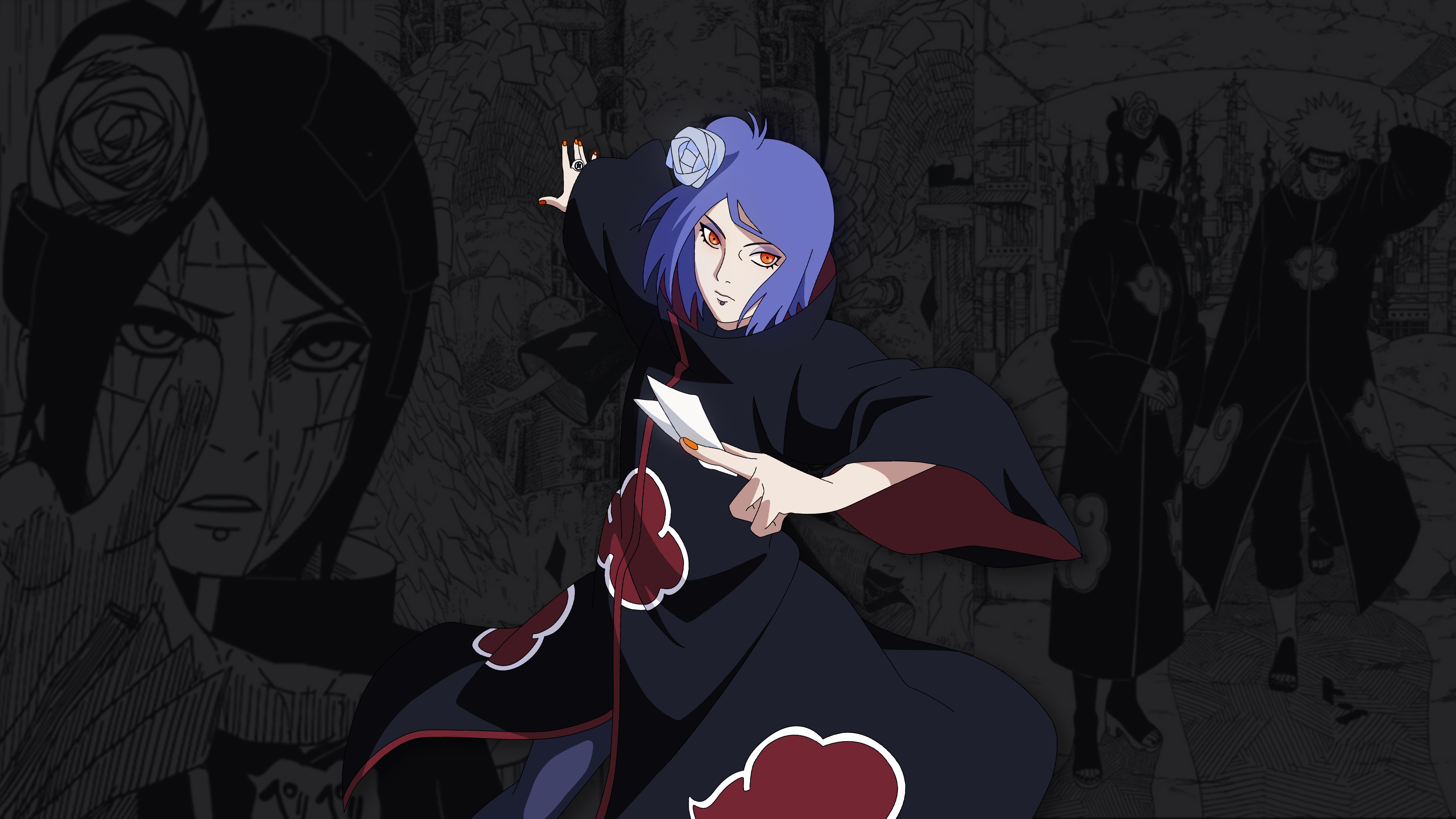 Konan, Pain, Akatsuki cloak, origami paper, 4K Desktop wallpaper