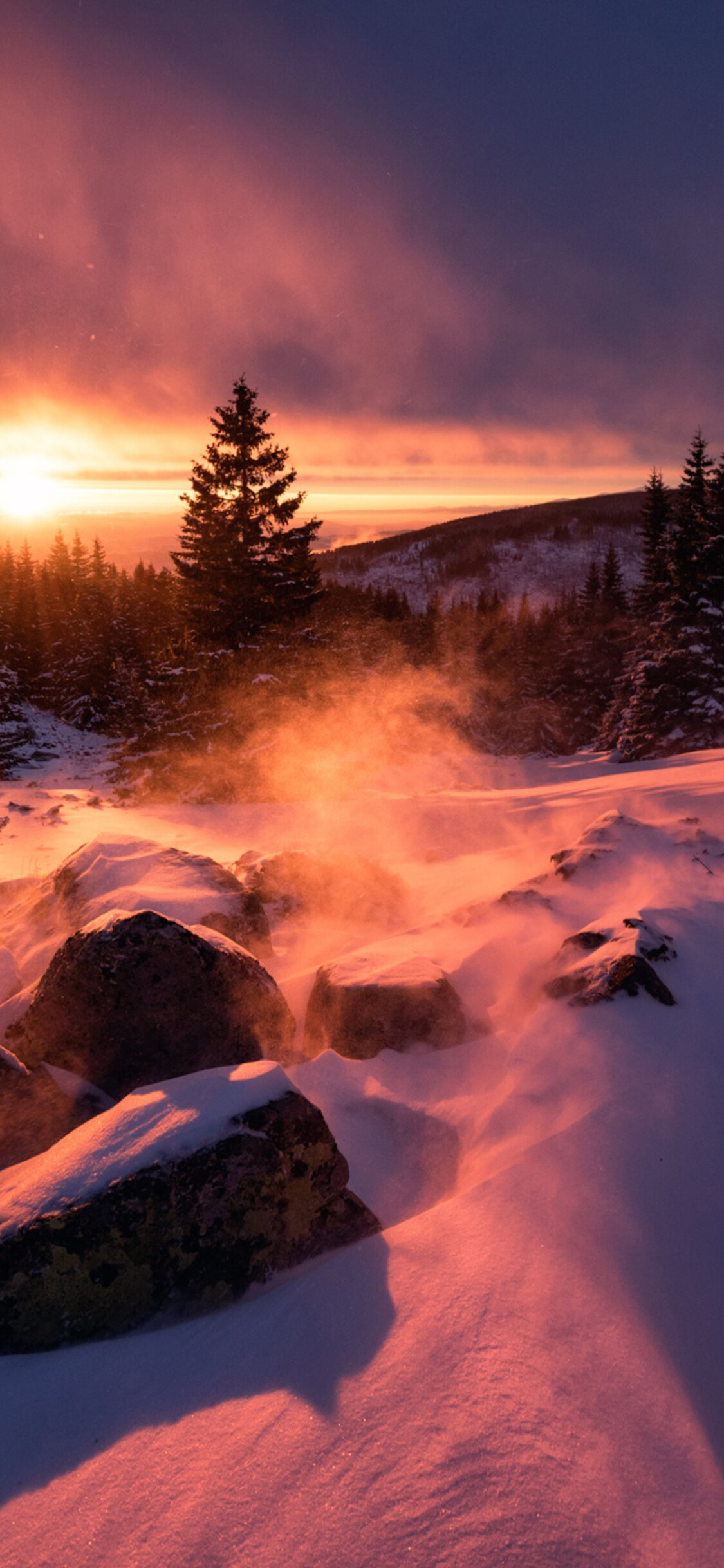 Winter snow sunset, iPhone wallpapers, HD 4K, Scenic landscapes, 1130x2440 HD Phone