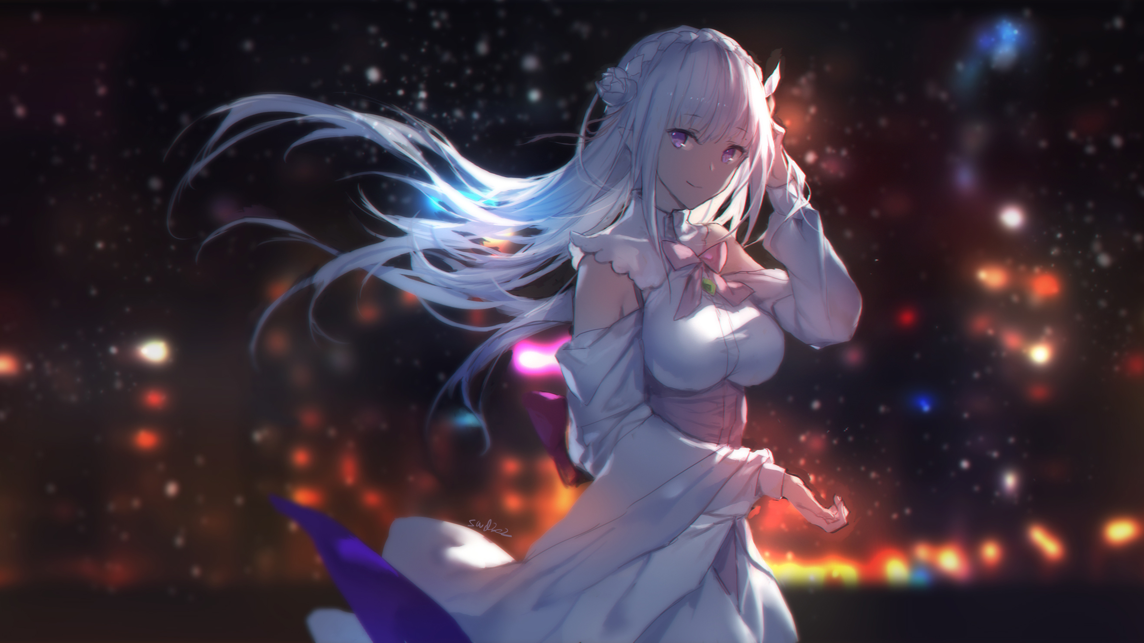 Emilia, Flowing silver hair, Glowing night bokeh, 4K Desktop wallpaper