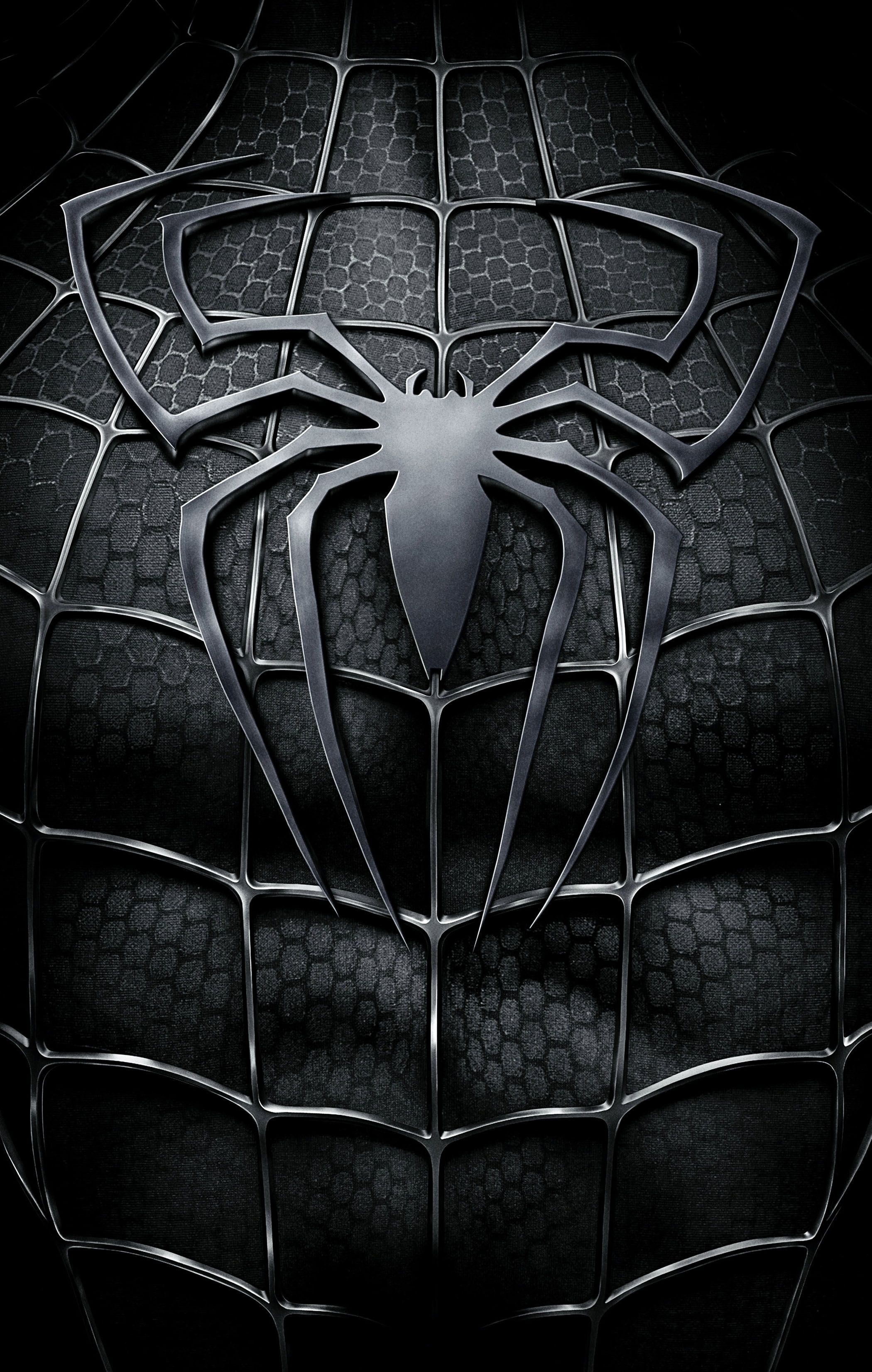 Spider-Man 3 symbiote suit, Metallic black spider emblem, Silver raised webbing, HD Phone wallpaper