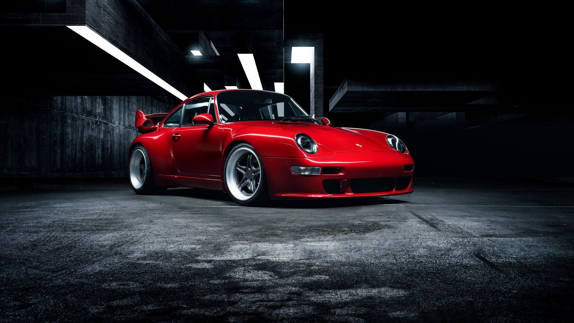 Porsche 911 993, dark concrete garage, overhead light strips, Full HD Desktop wallpaper