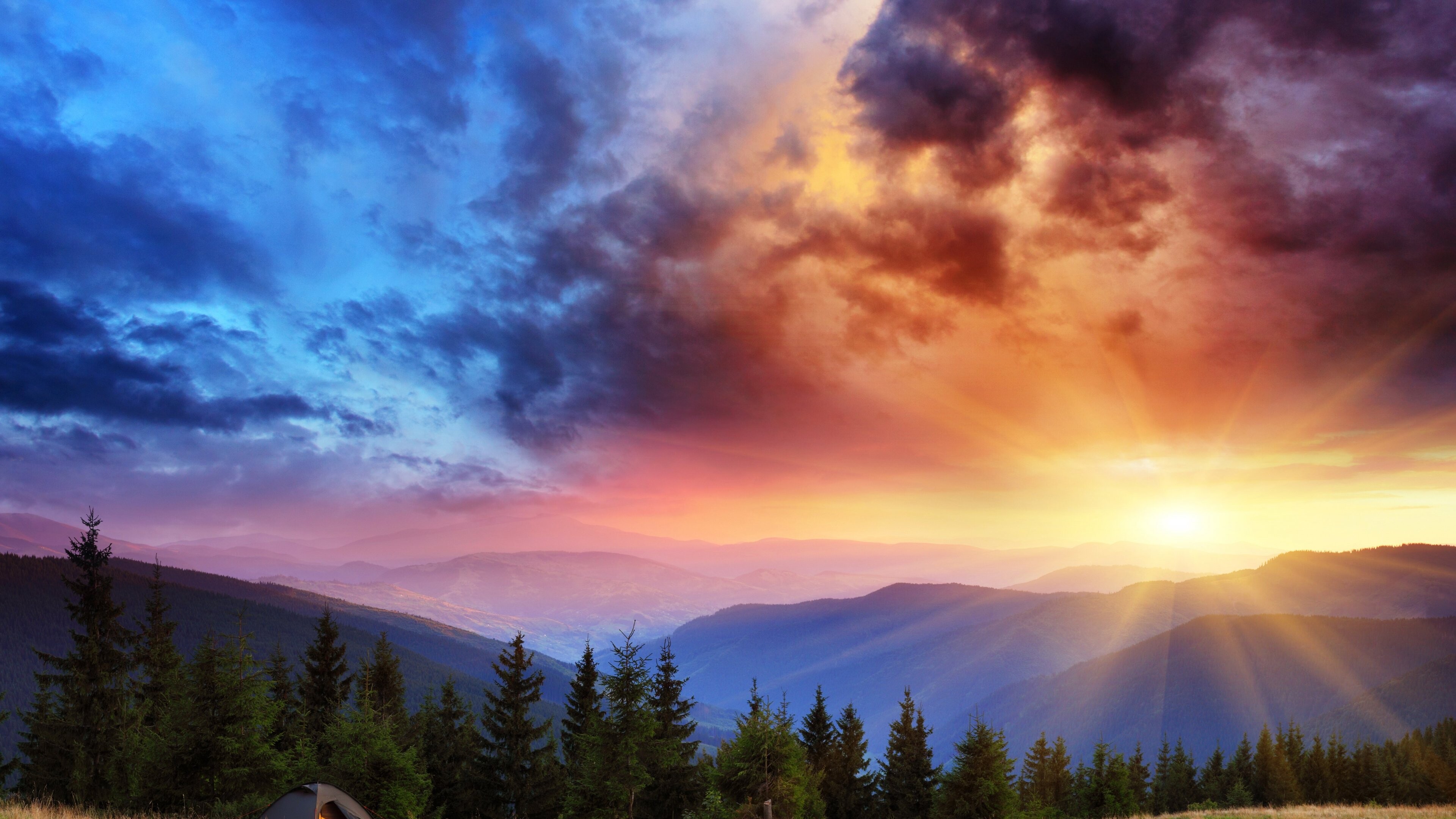 Mountain Sunrise, Pine Forest, Storm Clouds, Computer Wallpaper 4K