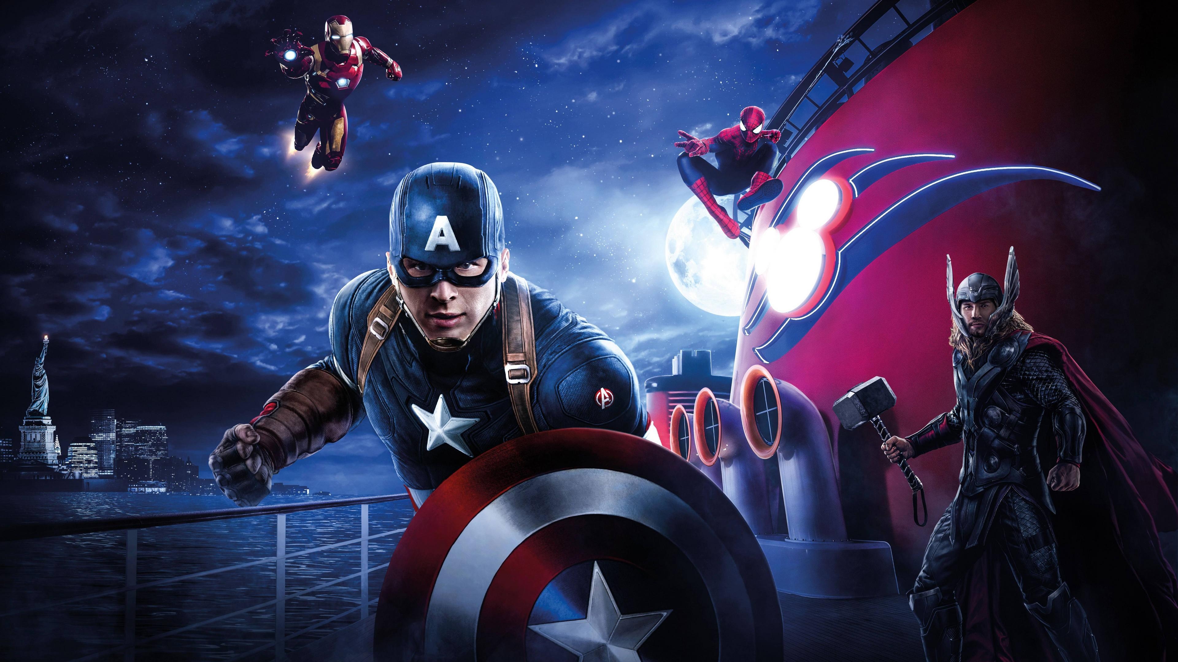 Captain America's shield, Captain America, Thor with Mjolnir, Spider-Man, Disney Cruise Line ship, 4K Desktop wallpaper