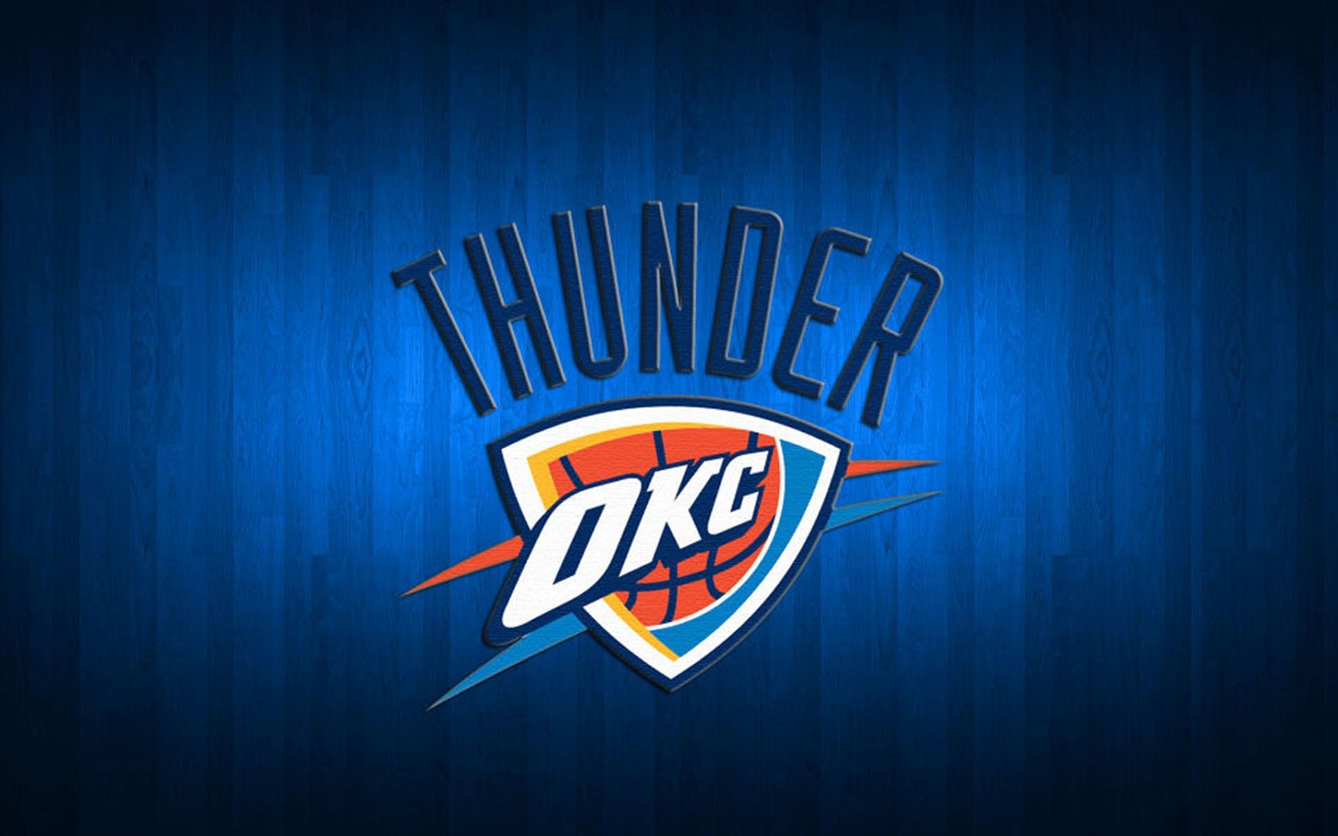 Oklahoma City Thunder logo, Blue hardwood plank backdrop, NBA, HD Desktop wallpaper