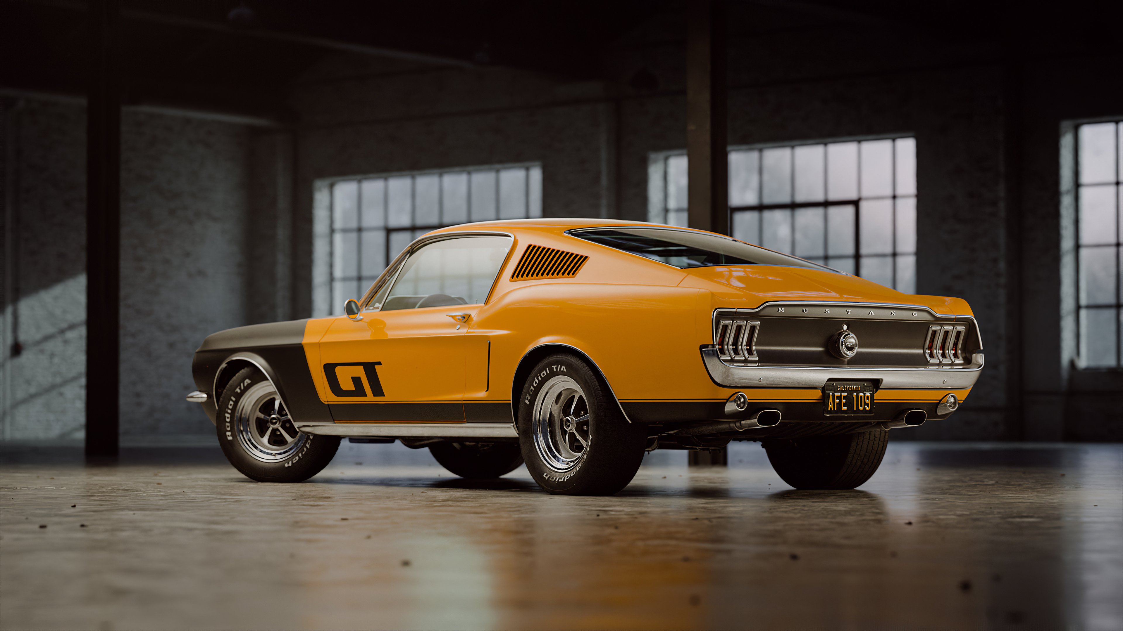 1967 Ford Mustang GT Fastback, BFGoodrich Radial T/A tires, Industrial warehouse studio, 4K Desktop wallpaper