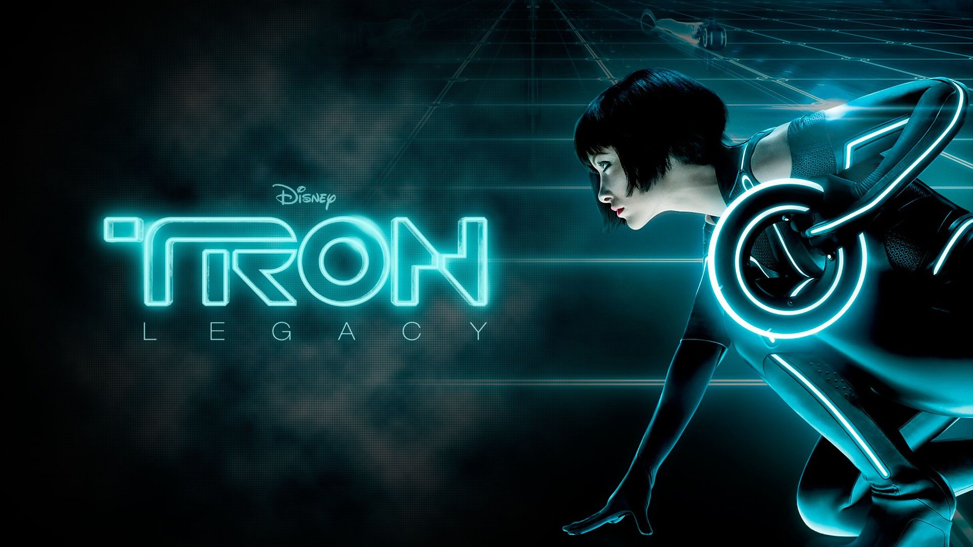 Olivia Wilde as Quorra, Tron: Legacy logo, Glowing identity disc, Full HD Desktop wallpaper
