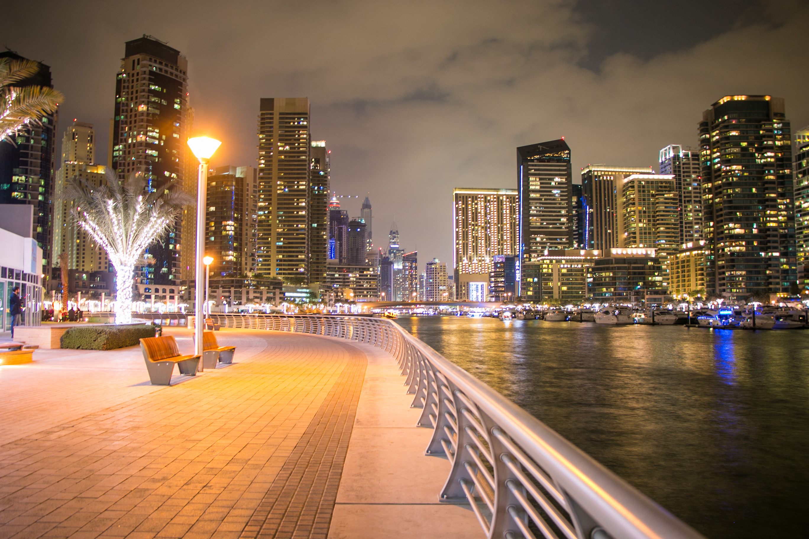 Dubai Marina, curved waterfront promenade, illuminated skyscrapers, HD Desktop wallpaper
