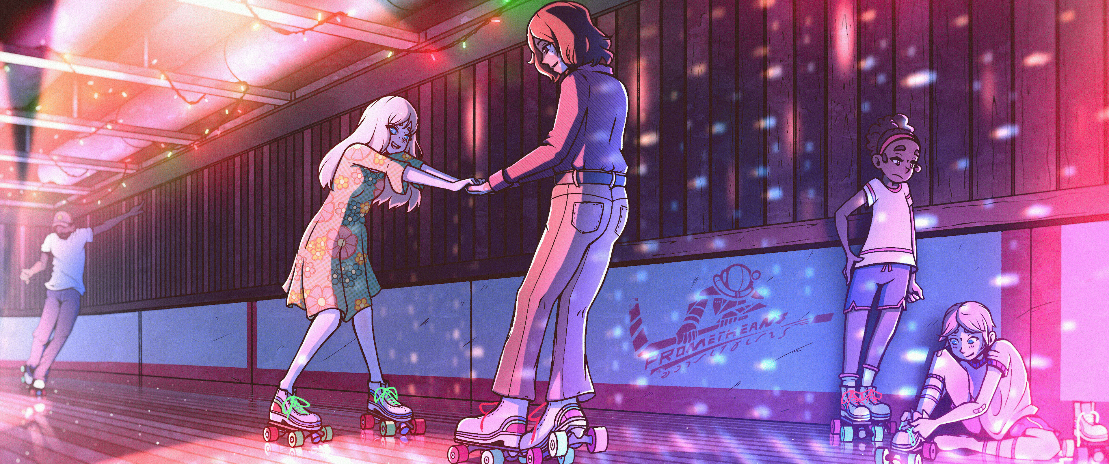 Rollerskating, Artwork, Disco rollerskates, Colorful wallpaper, 3840x1610 Dual Screen Desktop