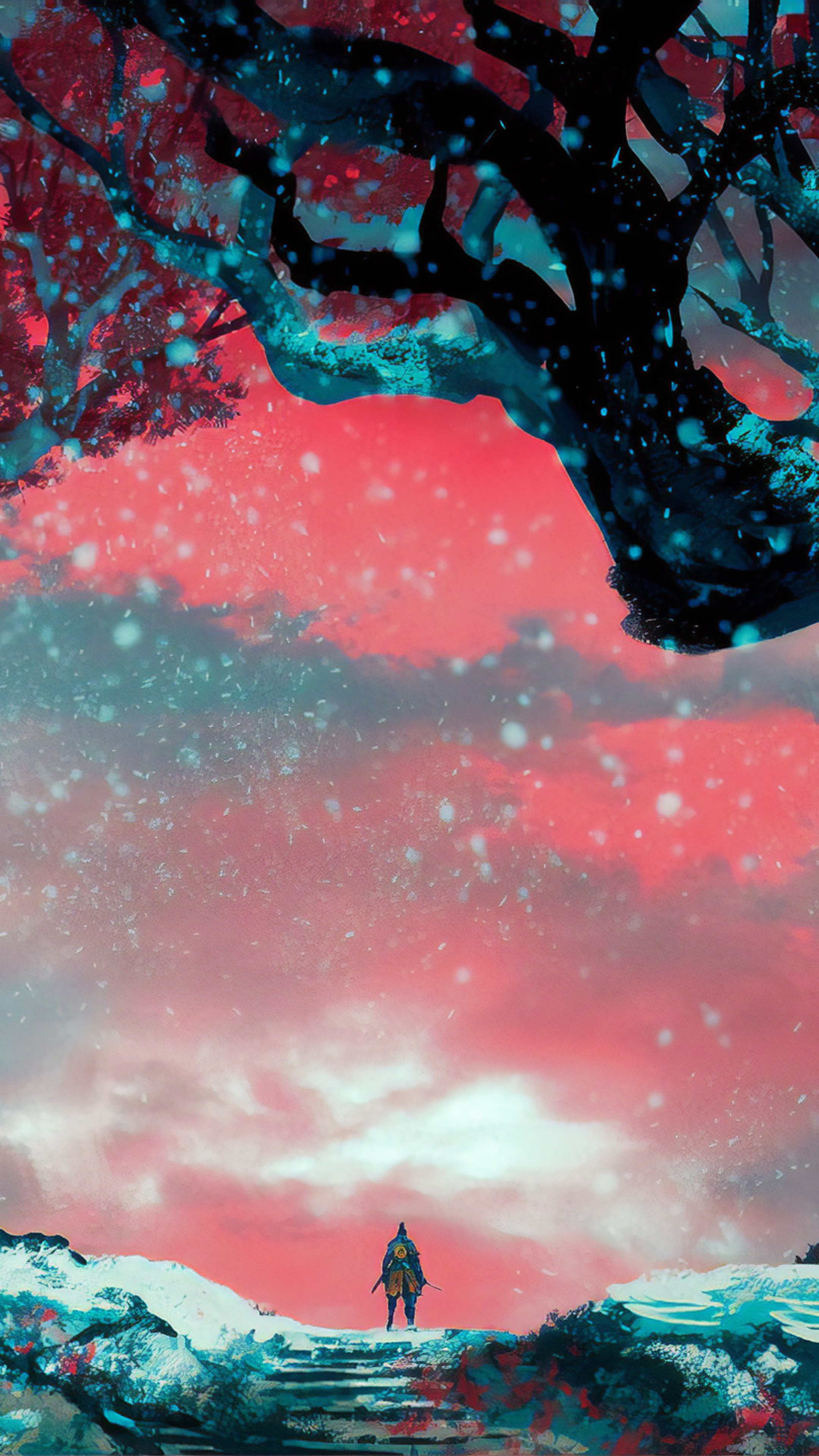 Wolf (Sekiro), cherry blossom tree branch, crimson snowy sky, 4K Phone wallpaper
