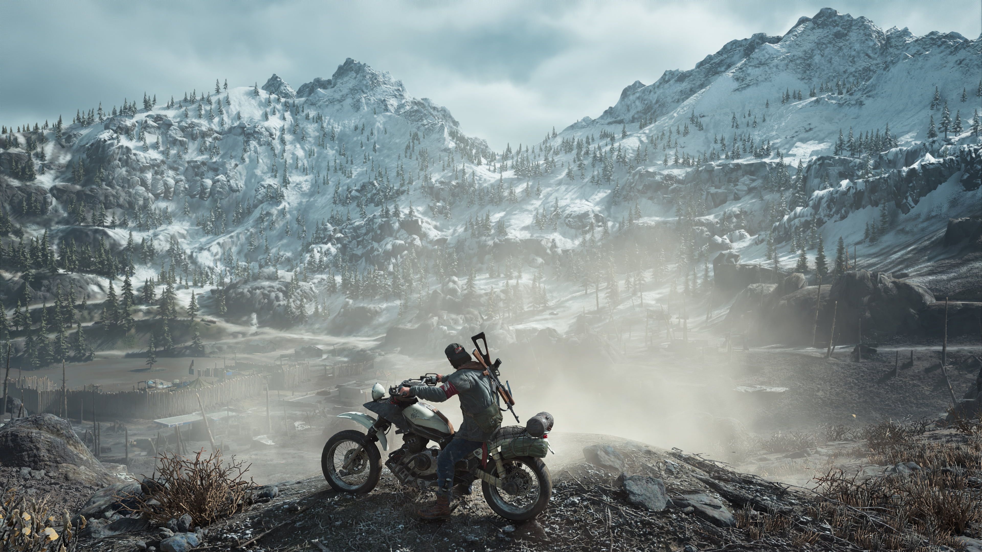 Deacon St. John, Drifter bike, snow-covered Cascade Mountains, 4K Desktop wallpaper