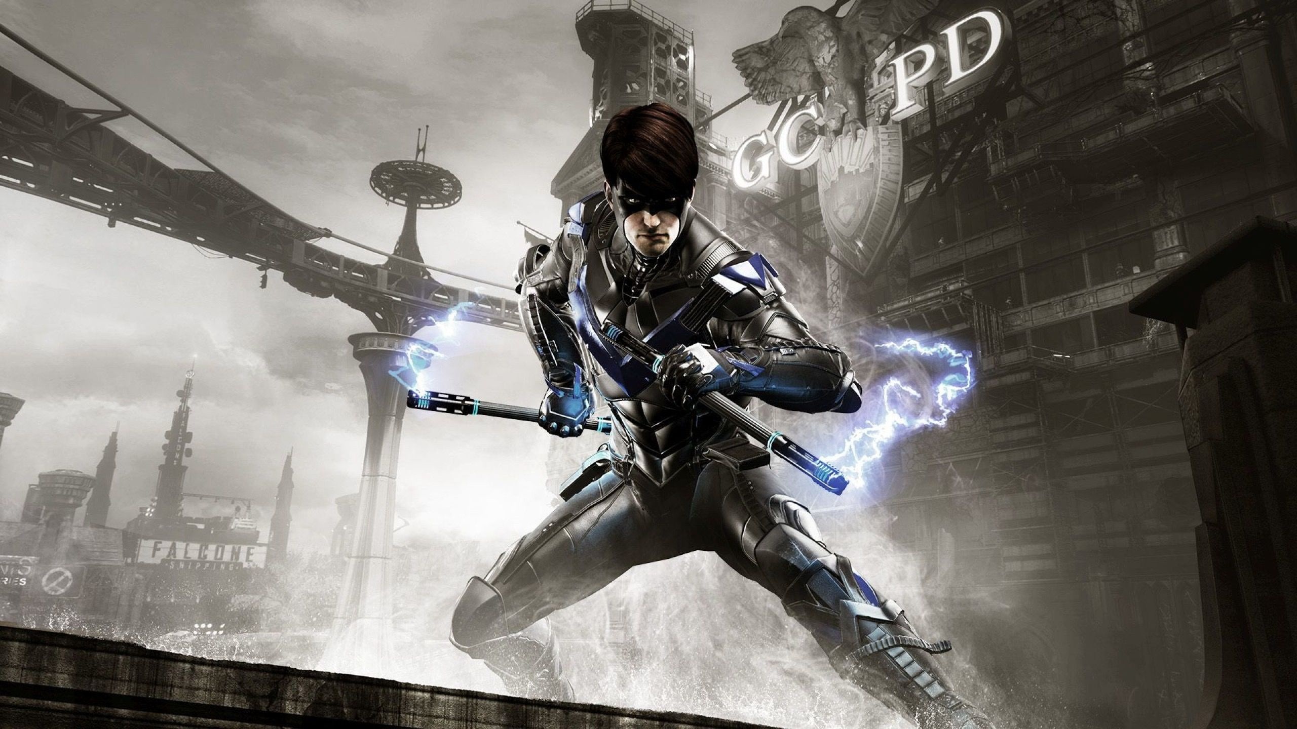 Nightwing, Electrified Escrima sticks, GCPD headquarters, HD Desktop wallpaper