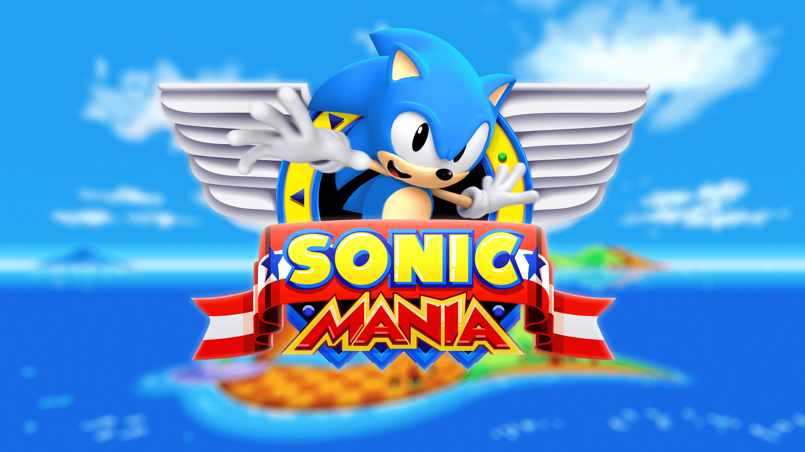 Sonic Mania logo, Sonic the Hedgehog winking, Blurred tropical island sea, HD Desktop wallpaper