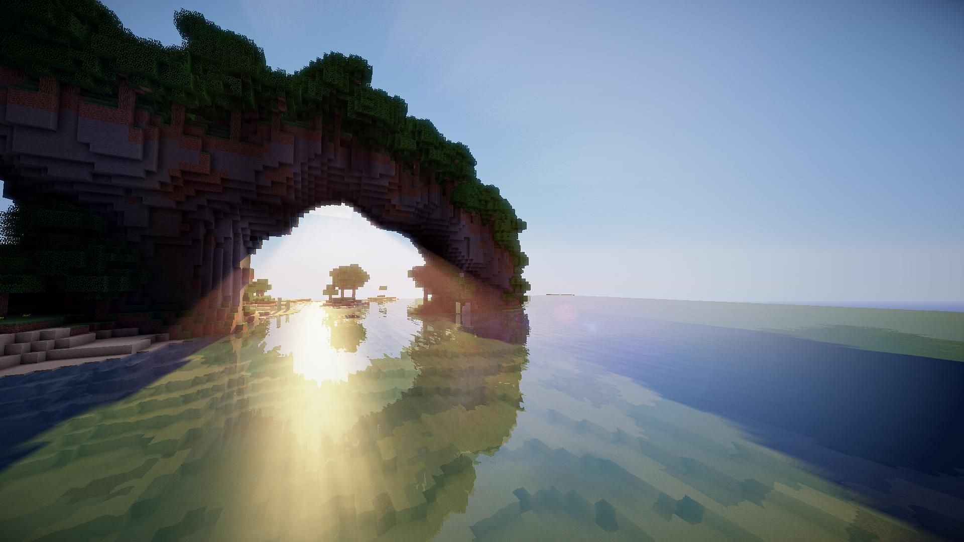 Minecraft stone arch, shader water reflection, Minecraft ocean shoreline, Full HD Desktop wallpaper
