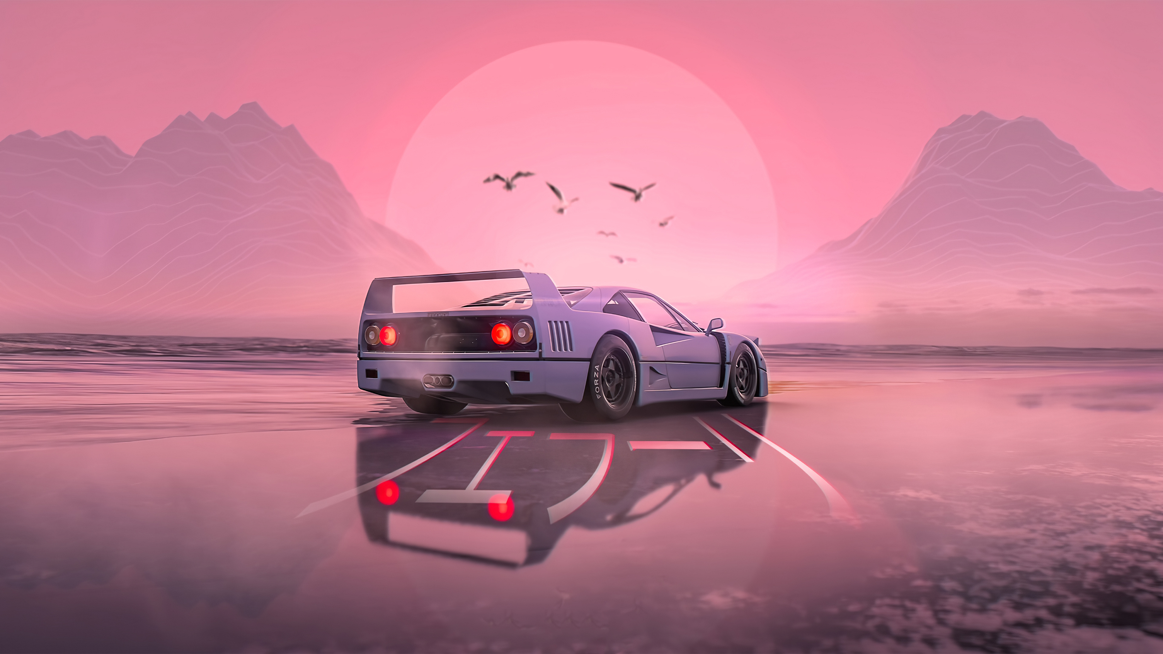 Ferrari F40, synthwave pink sunset, wet road reflection, 4K Desktop wallpaper