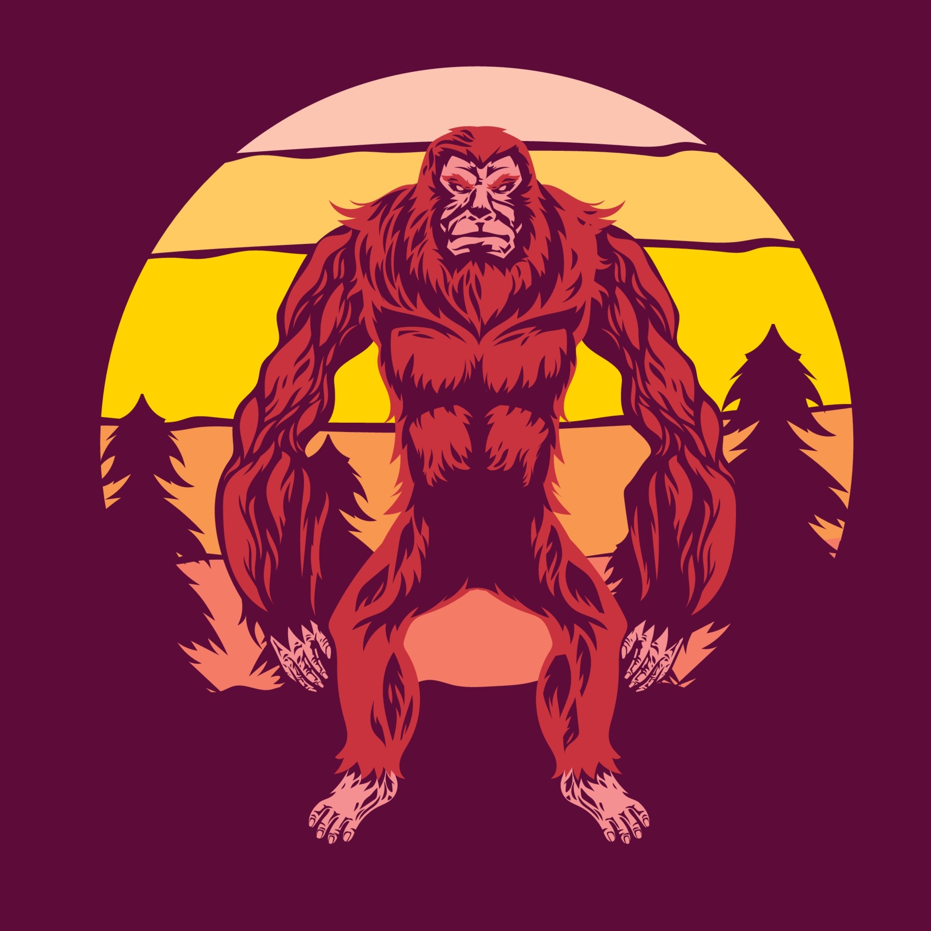 Walking bigfoot, Sunset silhouette, Majestic wilderness, Vector art, 1920x1920 HD Phone