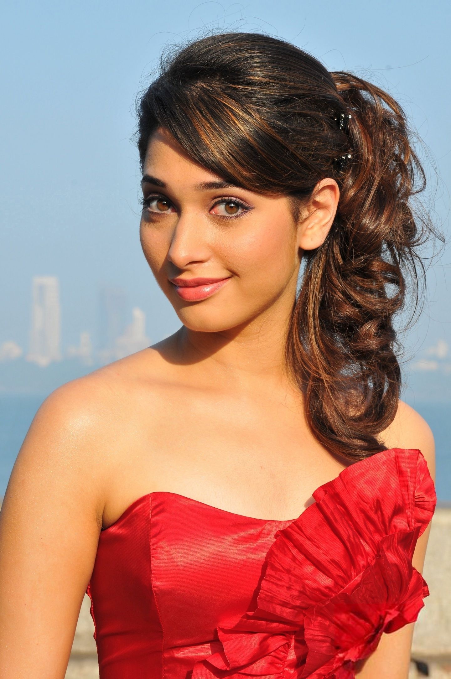 Tamannaah Bhatia, Red strapless ruffle dress, Side-swept curly ponytail, HD Phone wallpaper