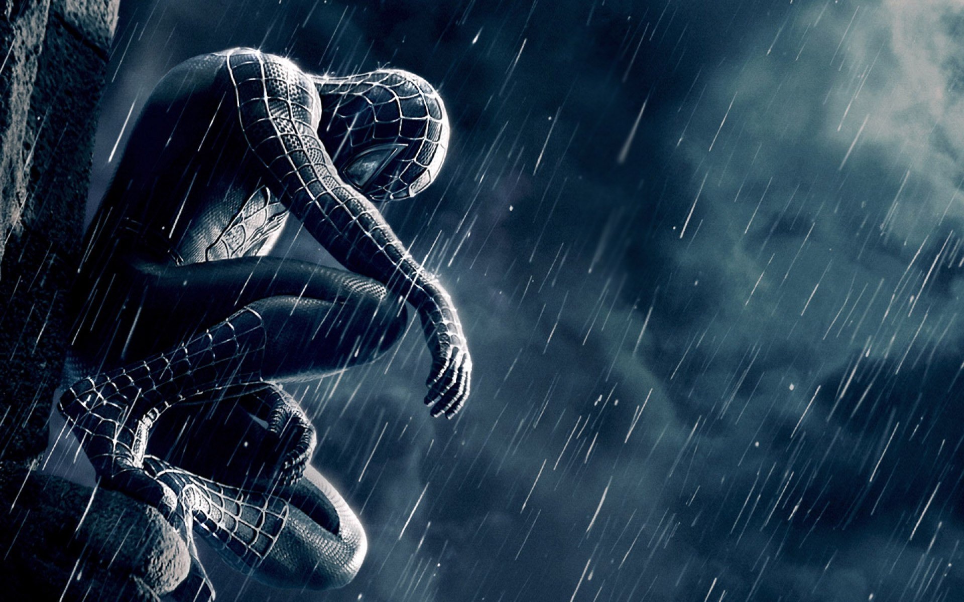Symbiote suit Spider-Man, Heavy rainfall, Stone building ledge, HD Desktop wallpaper