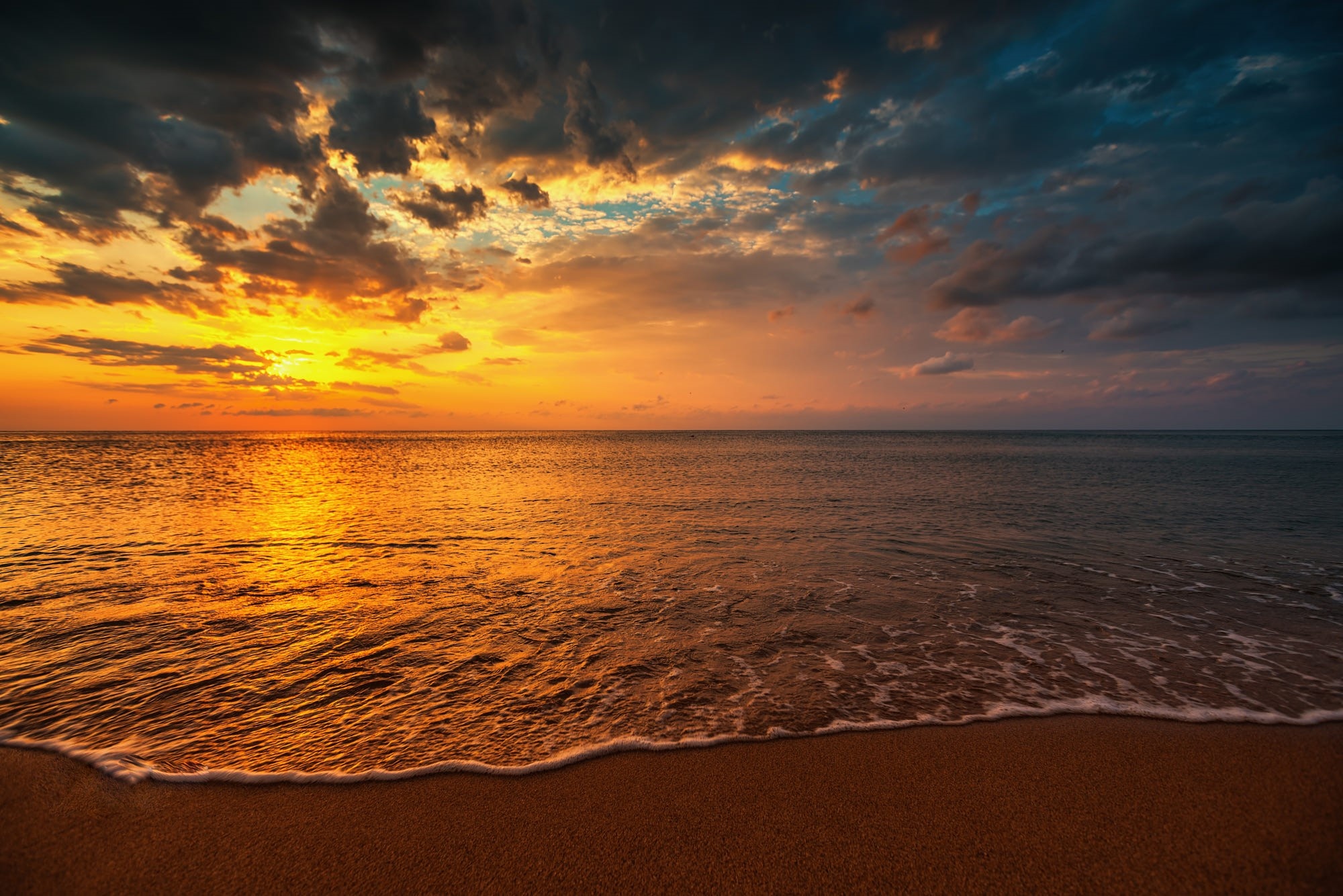Golden ocean sunset, Sandy shoreline wave foam, Dramatic sunset cloudscape, HD Desktop wallpaper