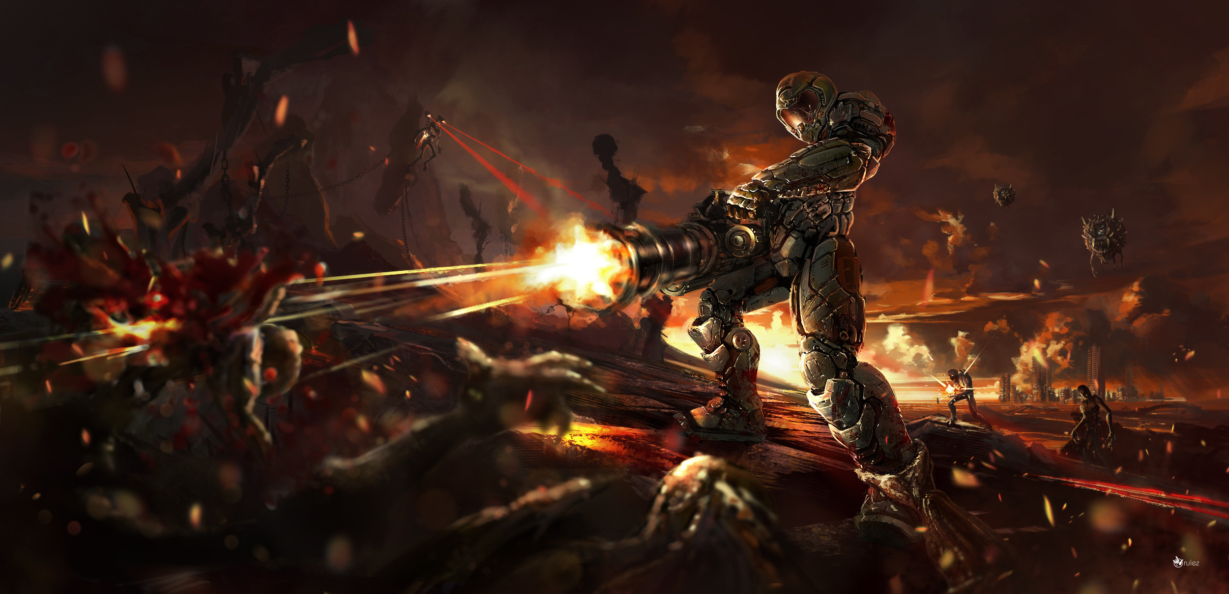Doom Slayer Praetor Suit, firing Chaingun, floating Cacodemons, Dual Screen Desktop wallpaper
