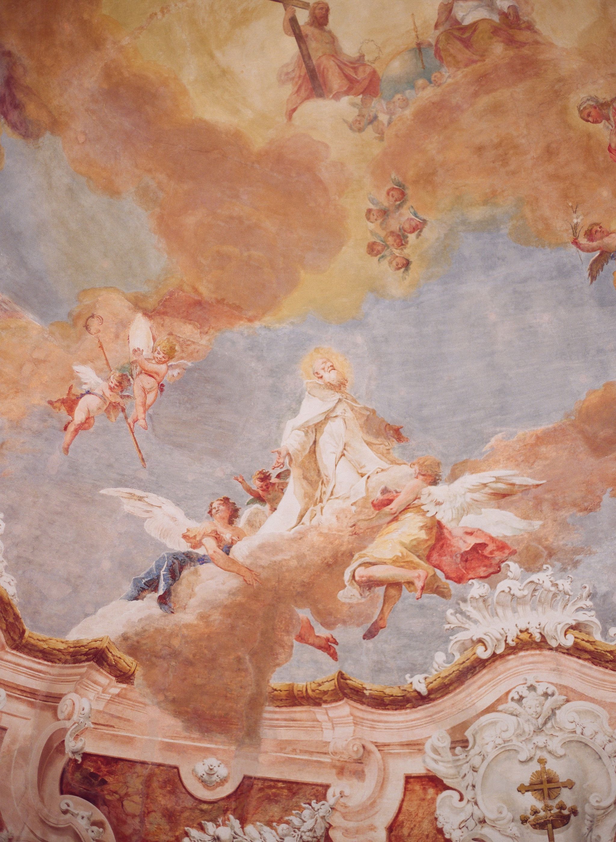 Baroque ceiling fresco, Ascending white-robed saint, Cherubs and winged angels, HD Phone wallpaper