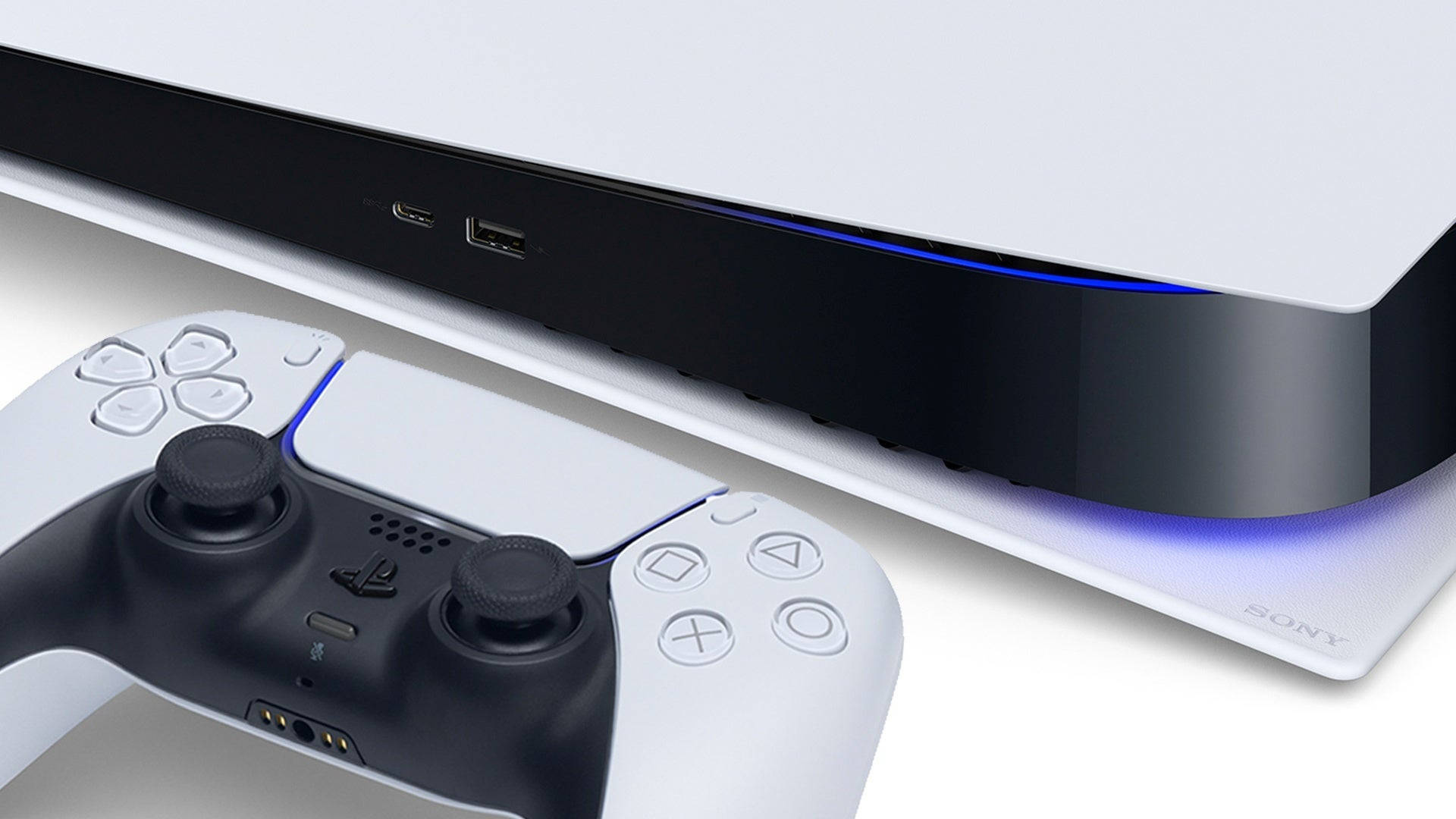 DualSense wireless controller, Horizontal PlayStation 5 console, Front USB ports close-up, Full HD Desktop wallpaper