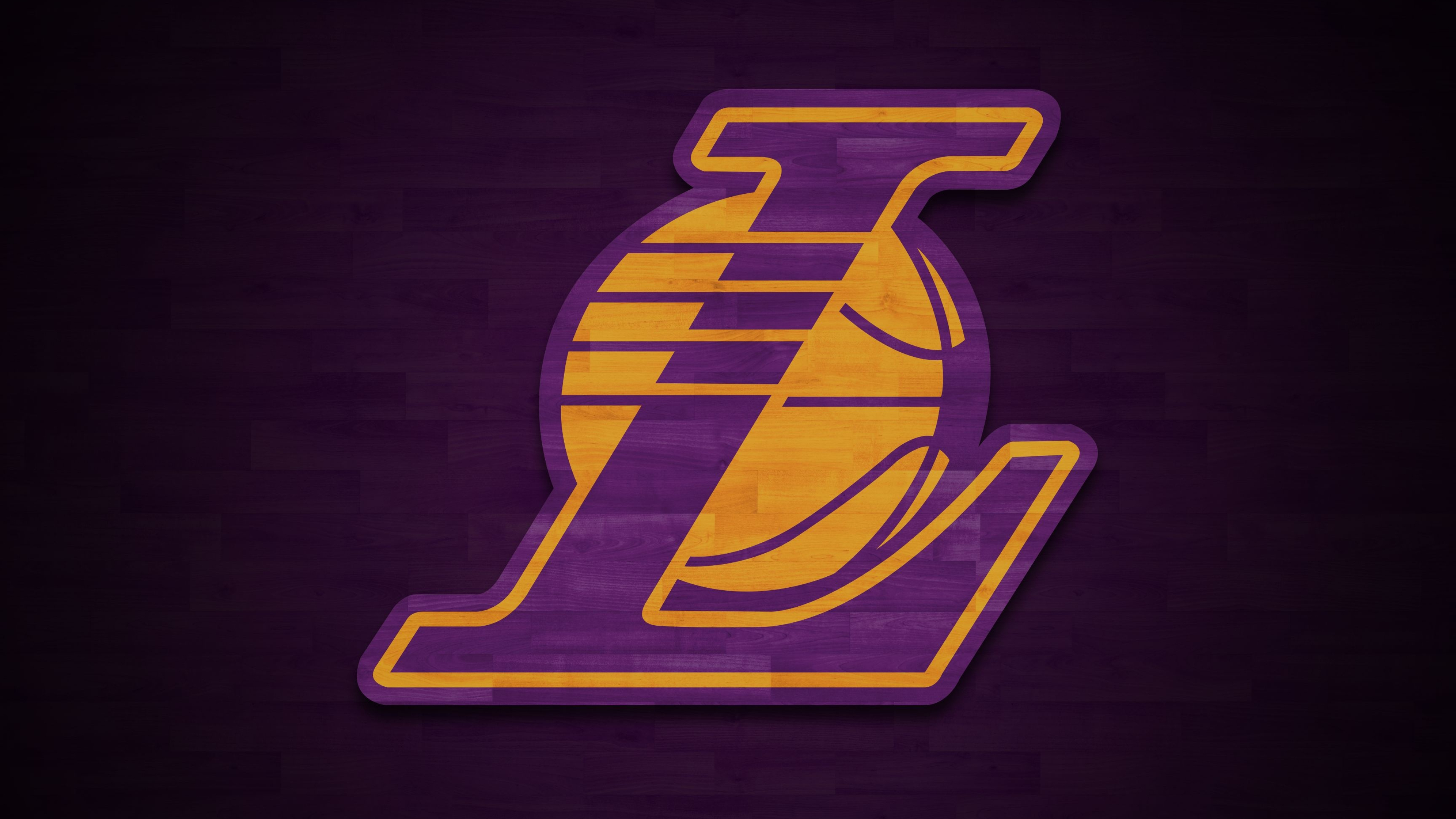 Los Angeles Lakers L logo, Gold basketball behind letter, Purple hardwood court backdrop, 4K Desktop wallpaper