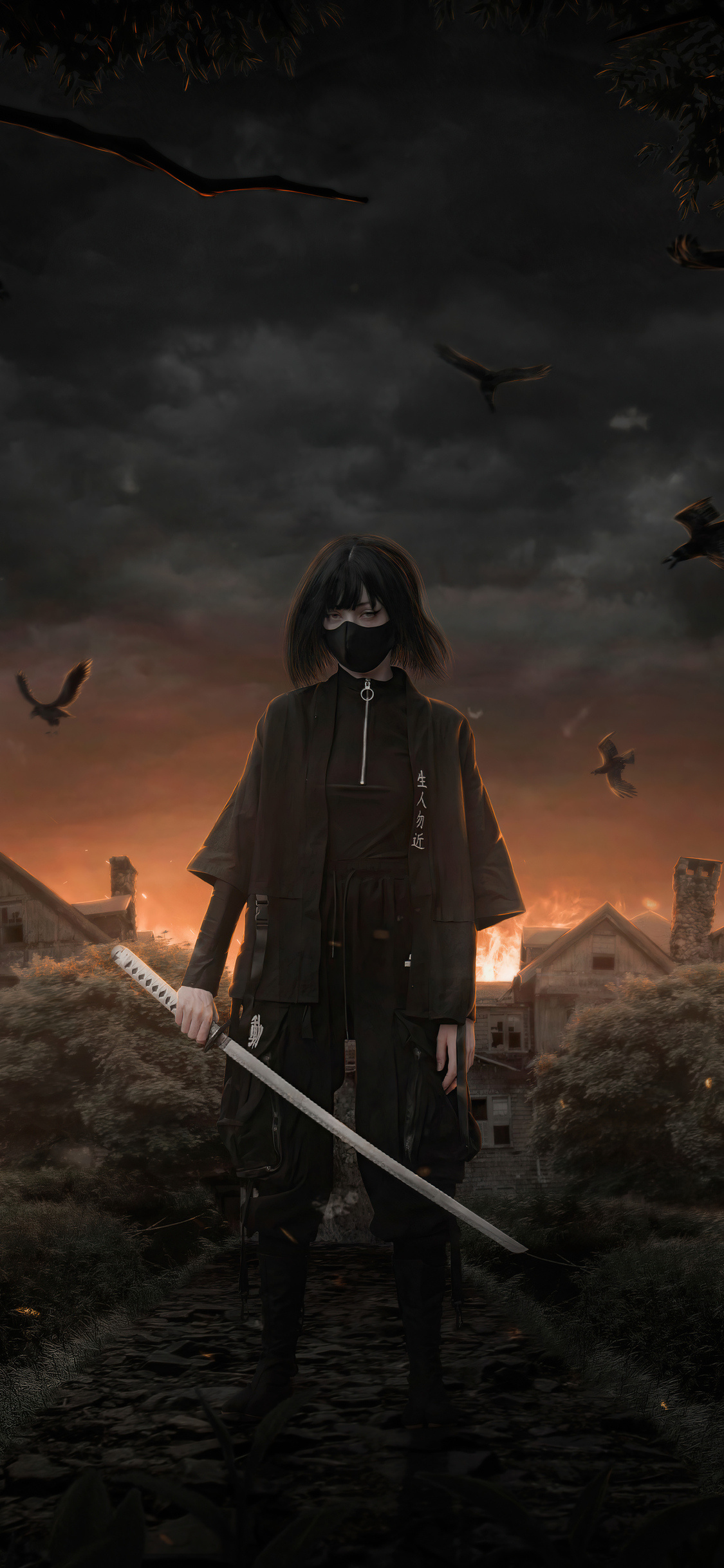 Masked female samurai, Katana sword, Burning village background, HD Phone wallpaper