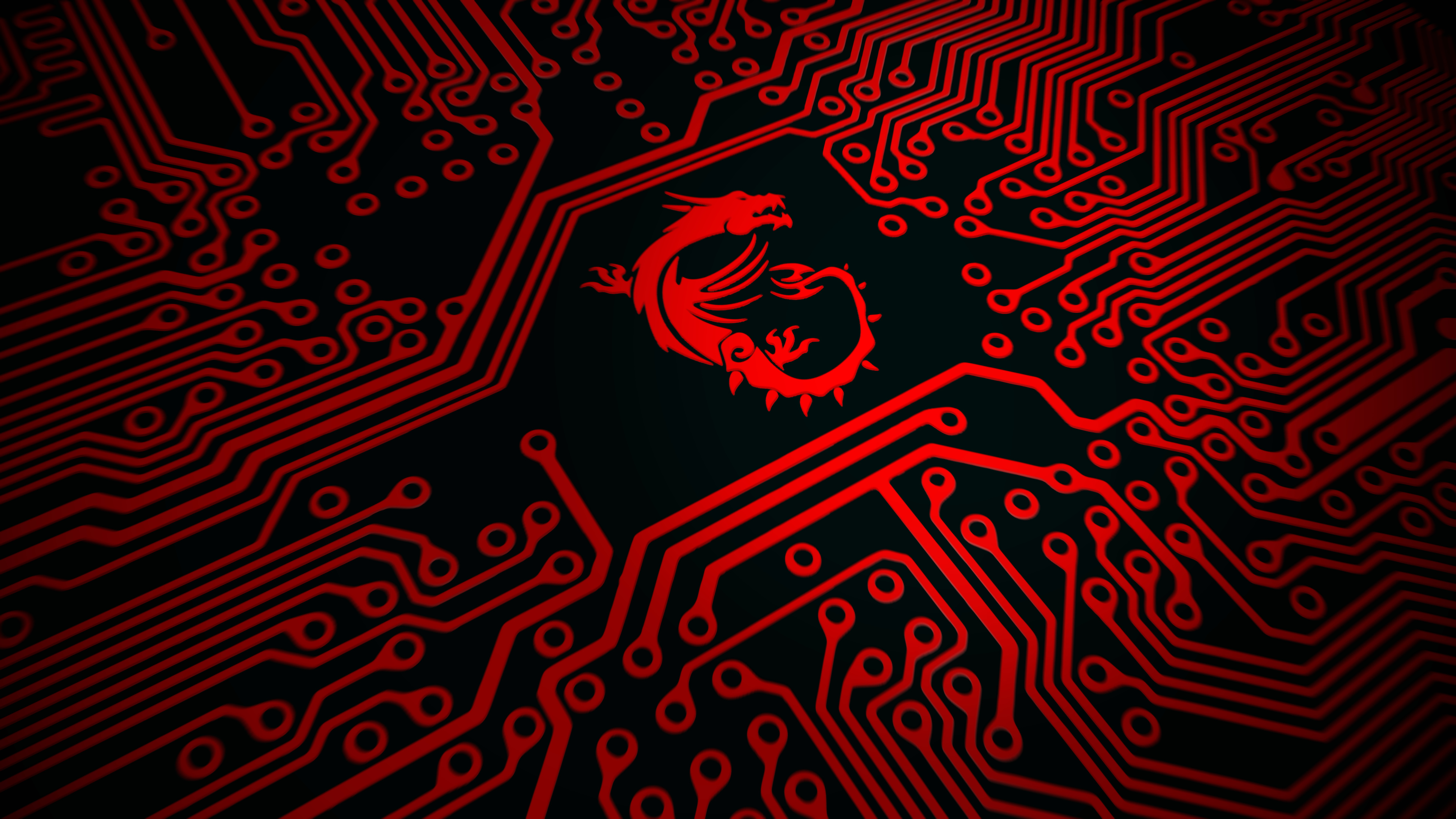 MSI dragon logo, red PCB circuit traces, black and red circuitry, 4K Desktop wallpaper