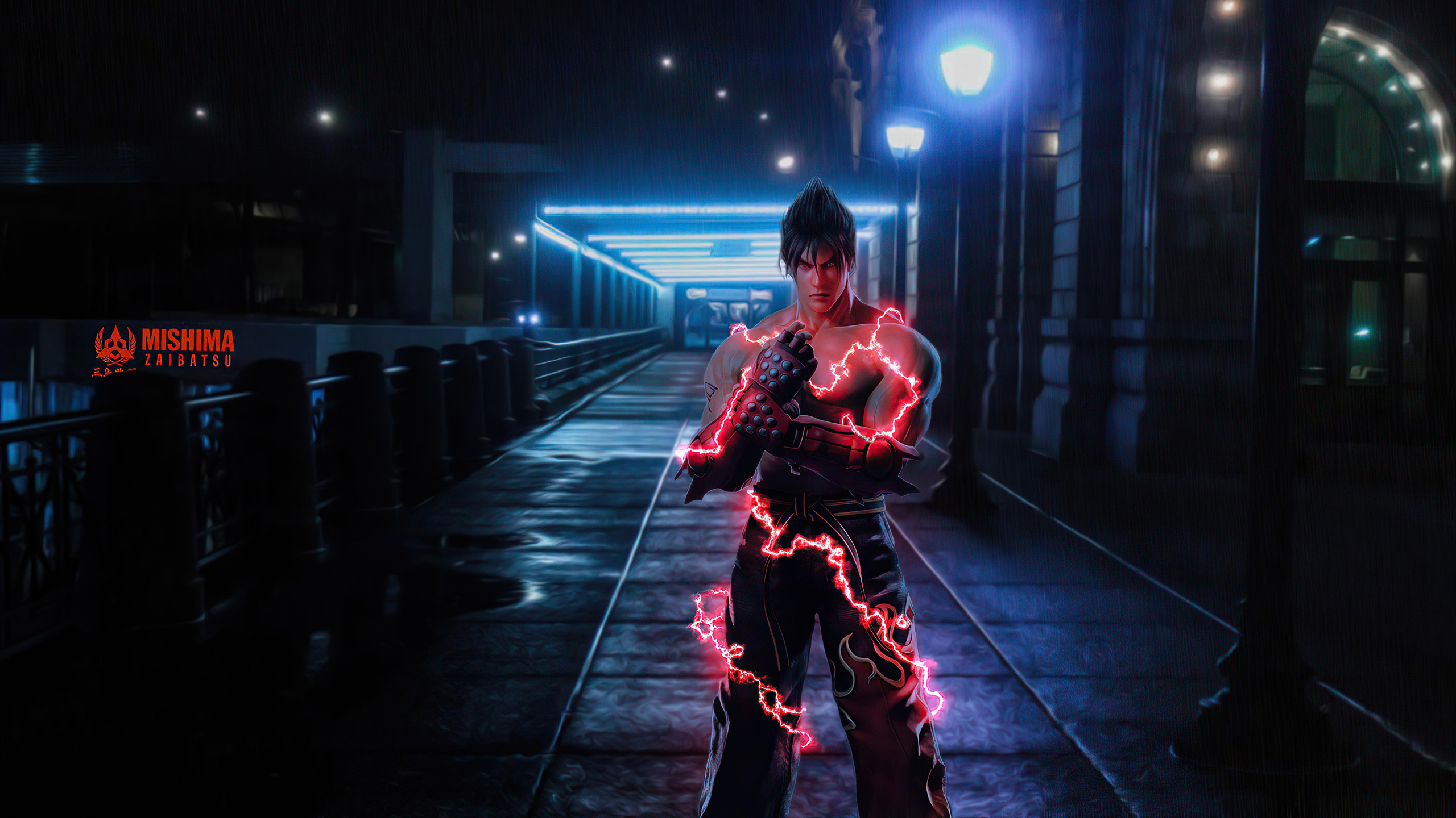 Jin Kazama, Mishima Zaibatsu logo, red lightning aura, HD Desktop wallpaper