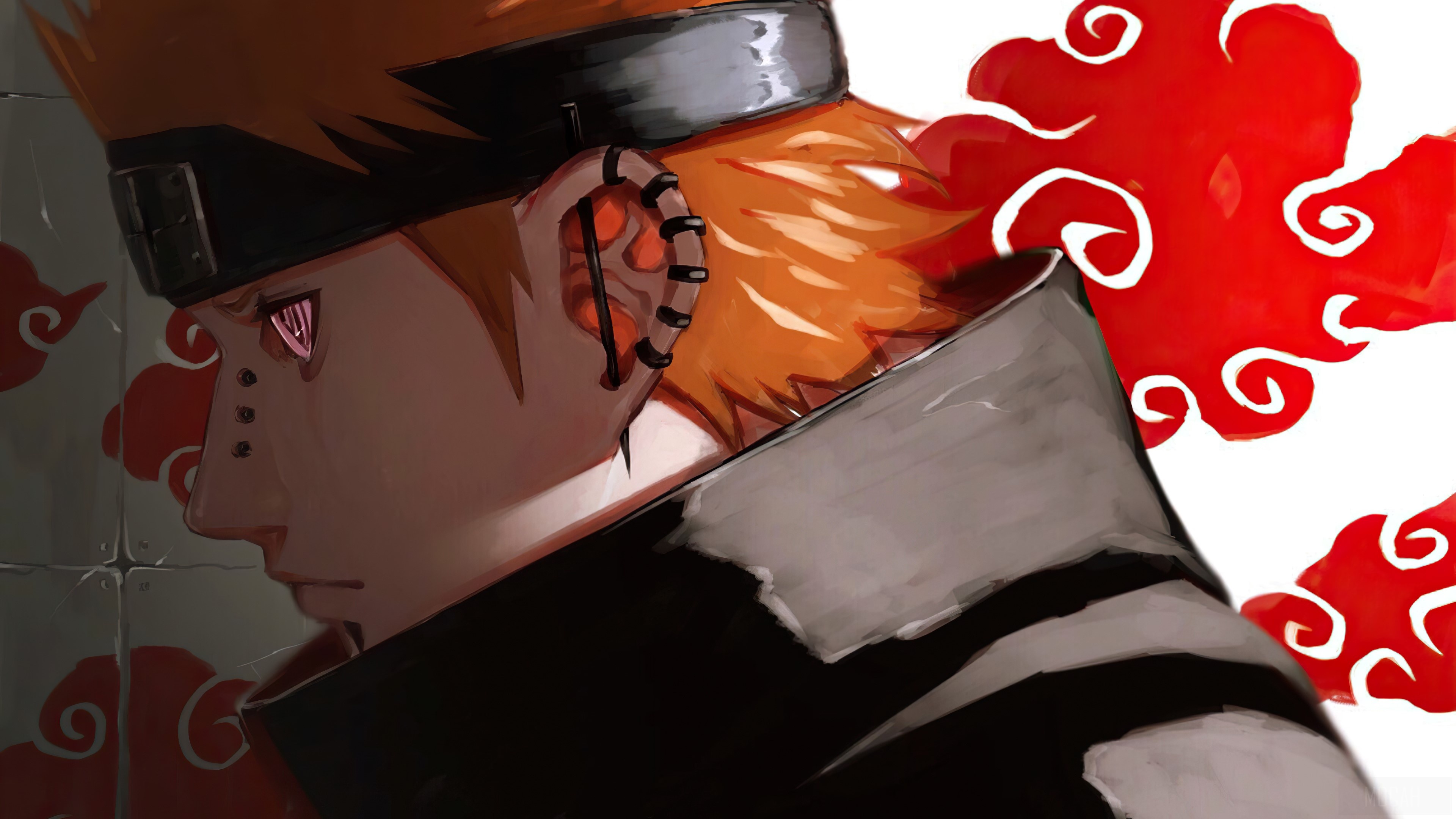 Deva Path Pain, Rinnegan, Akatsuki red cloud, 4K Desktop wallpaper