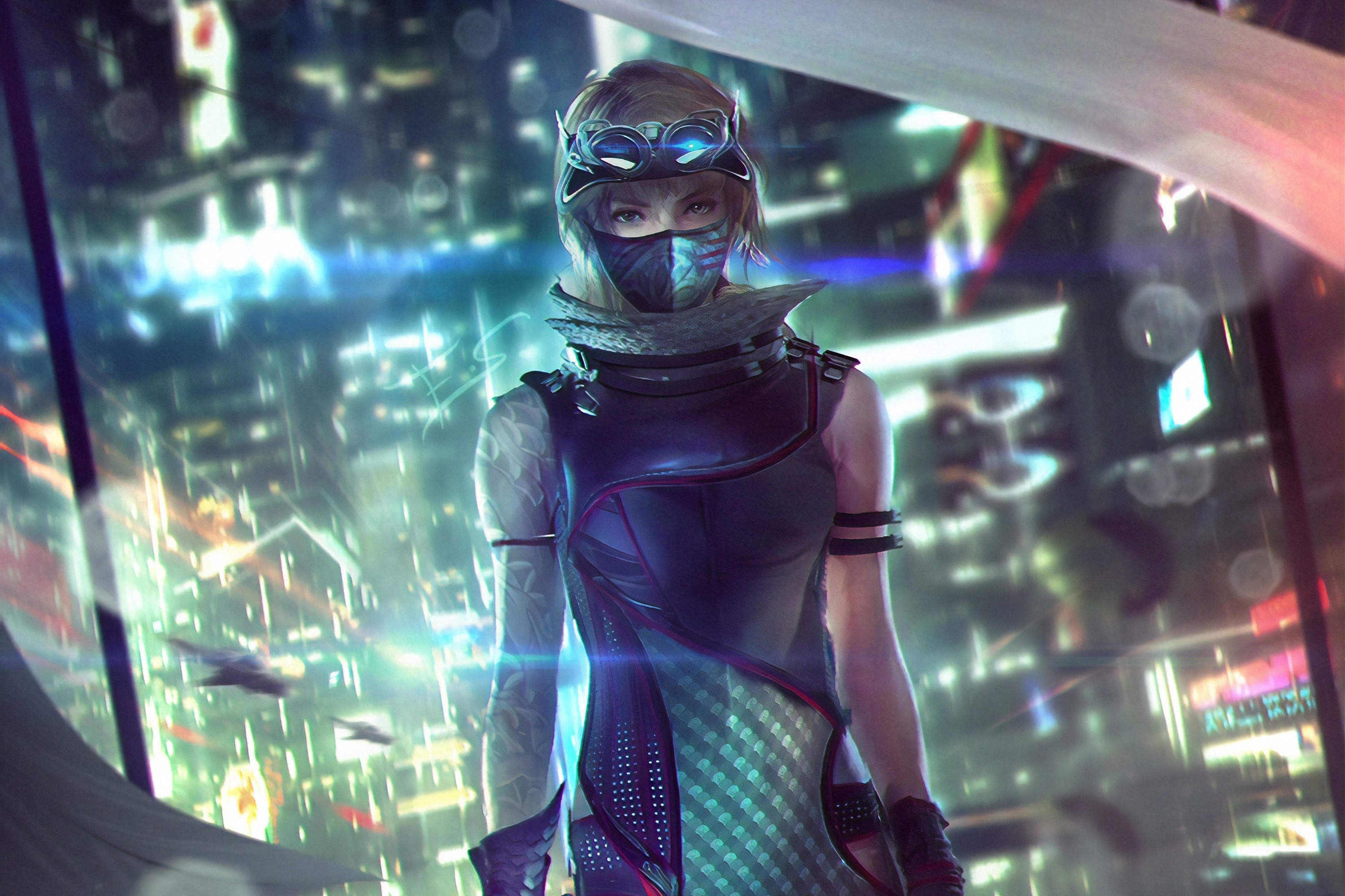 Cyberpunk female ninja, Tactical ninja face mask, Futuristic neon cityscape, HD Desktop wallpaper