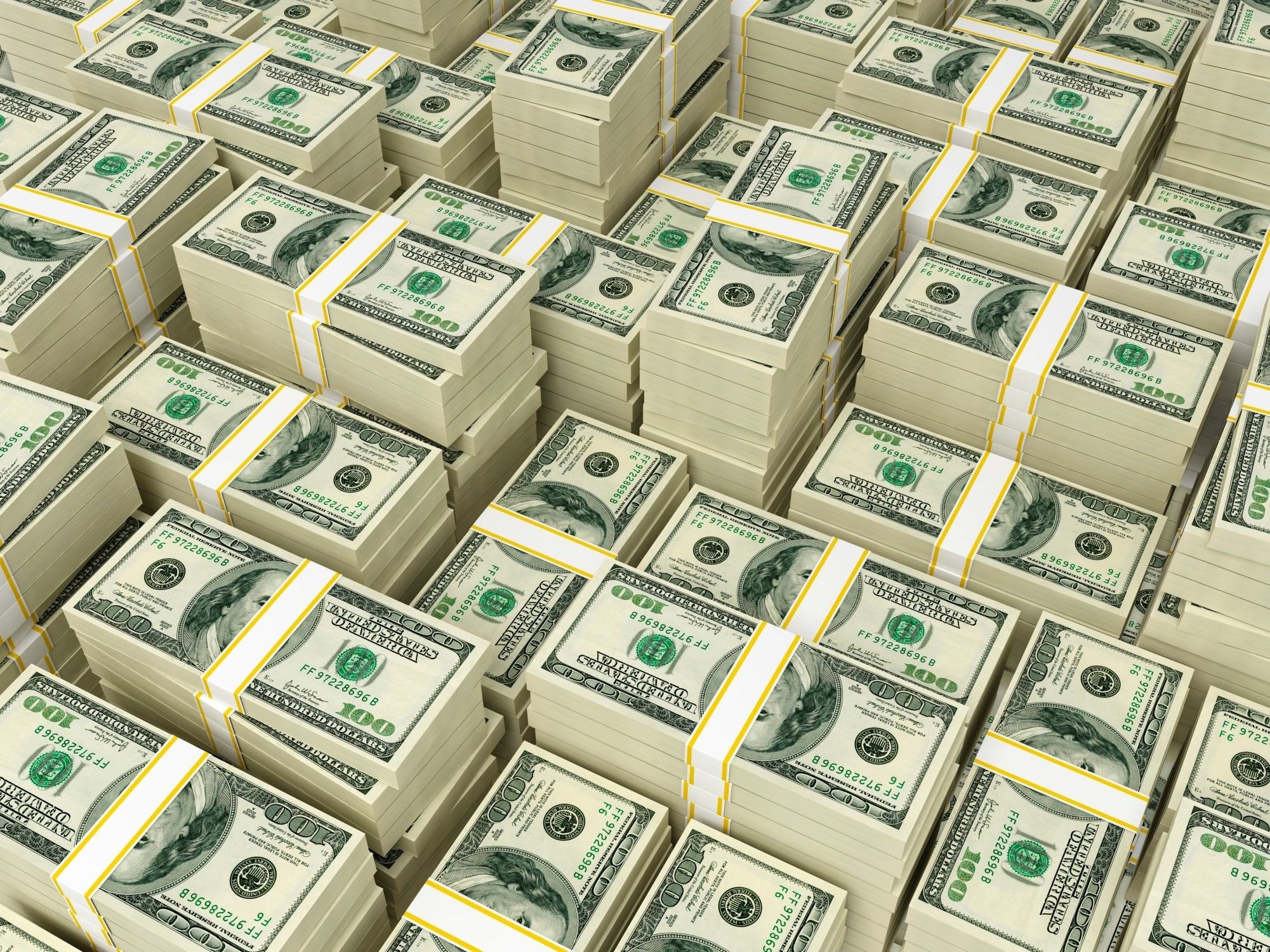 United States hundred-dollar bills, Stacked money bundles, Benjamin Franklin portrait, HD Desktop wallpaper