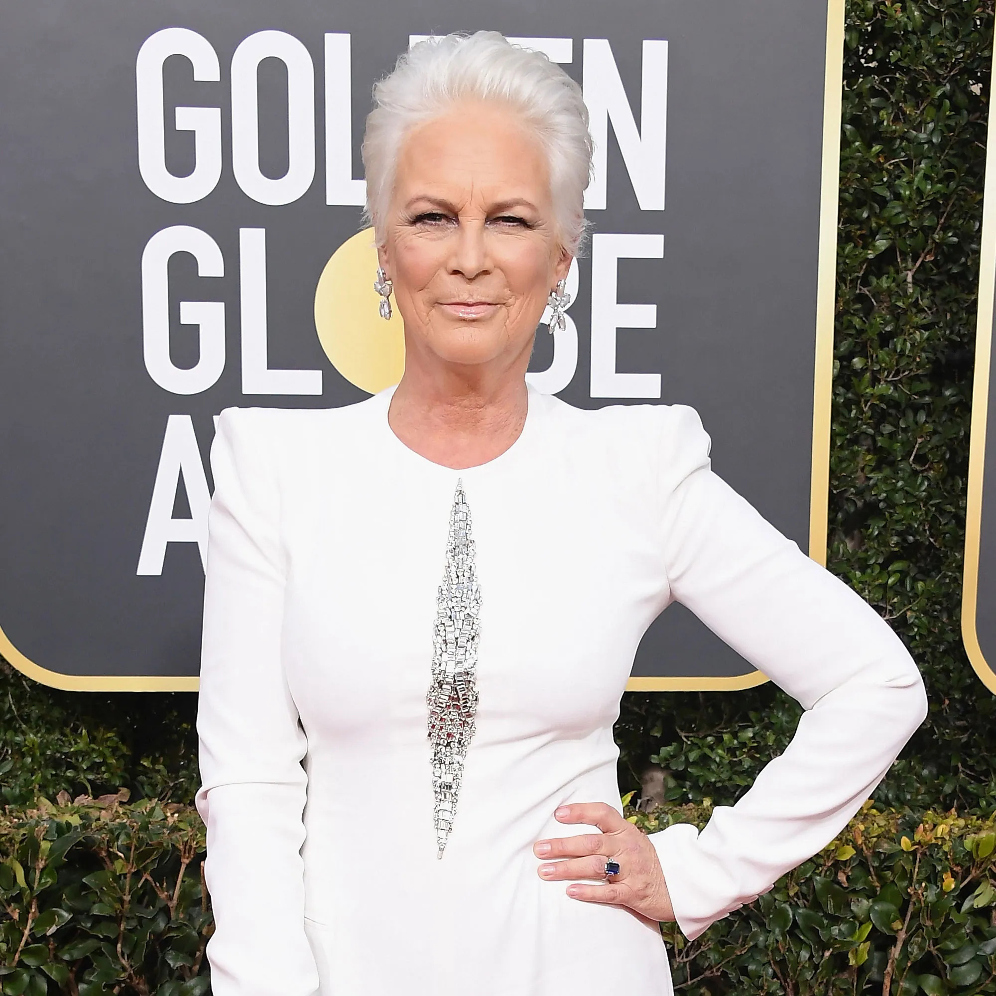 Jamie Lee Curtis, Red carpet fashion, Shocking white attire, Vogue article, 2000x2000 HD Phone