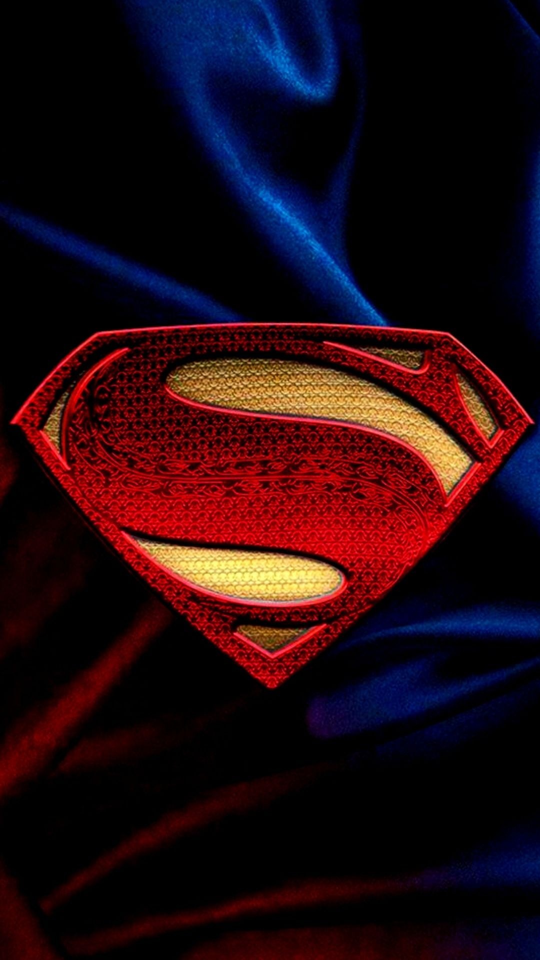 Man of Steel Superman shield, ornate red gold emblem, draped blue satin fabric, Full HD Phone wallpaper