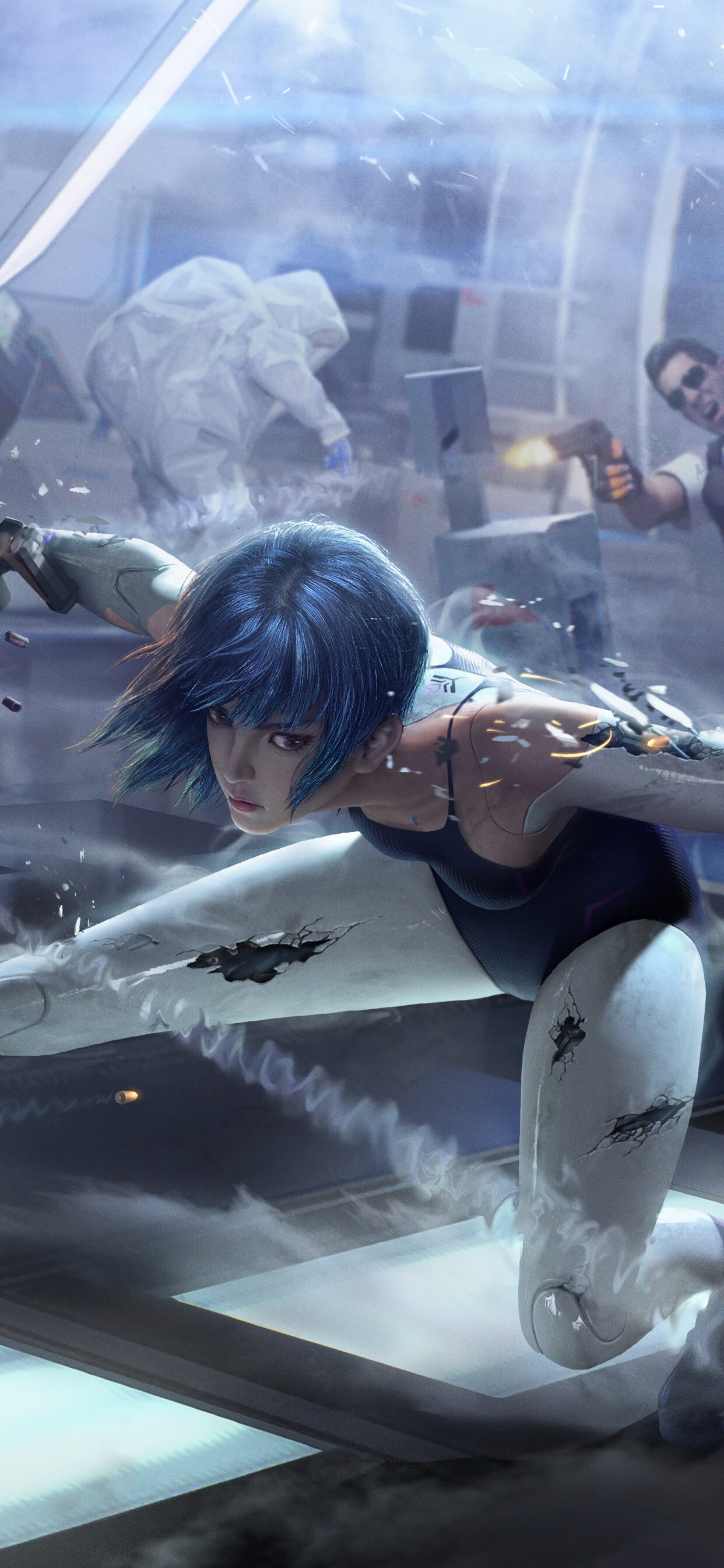 Ghost in the Shell, Cyberpunk gunfight, Sci-fi artwork, 1250x2690 HD Phone