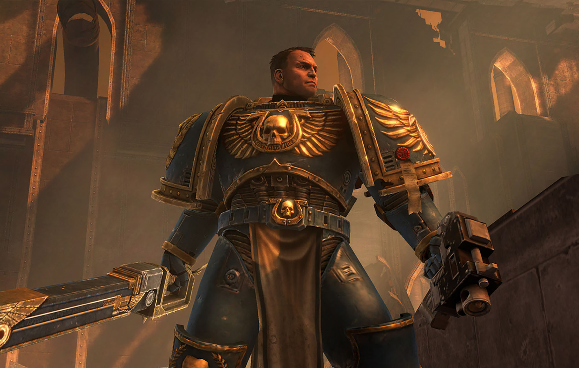 Captain Demetrian Titus, Ultramarines power armour, Astartes chainsword, HD Desktop wallpaper