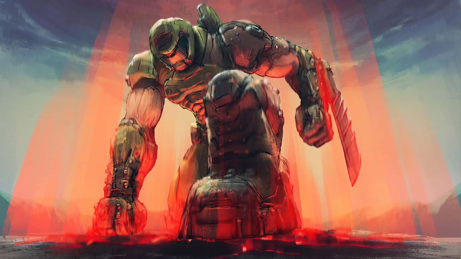Doom Slayer, Doomblade wrist blade, glowing red light beams, Full HD Desktop wallpaper
