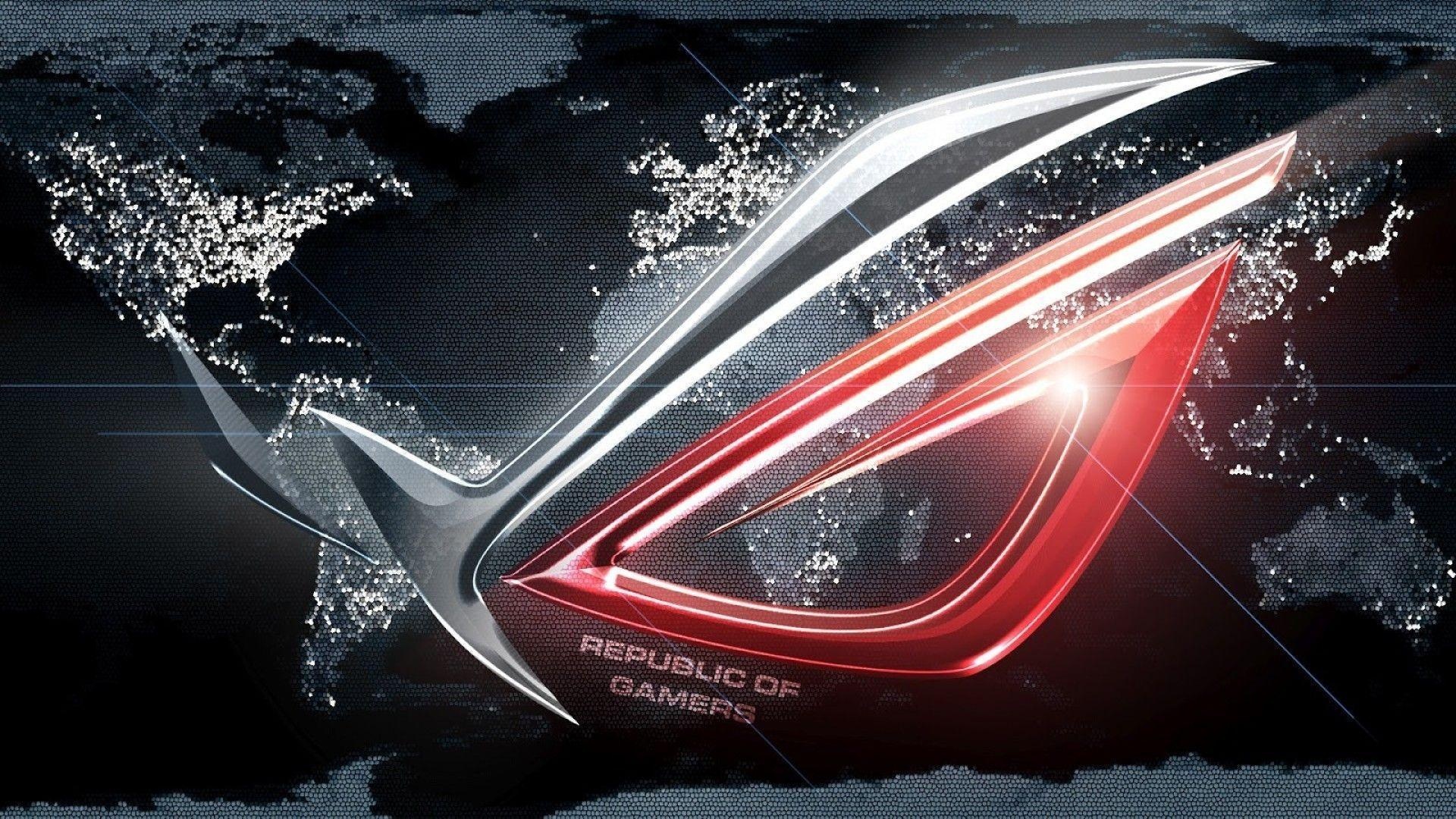 ASUS Republic of Gamers logo, Night world map, Chrome and crimson emblem, Full HD Desktop wallpaper